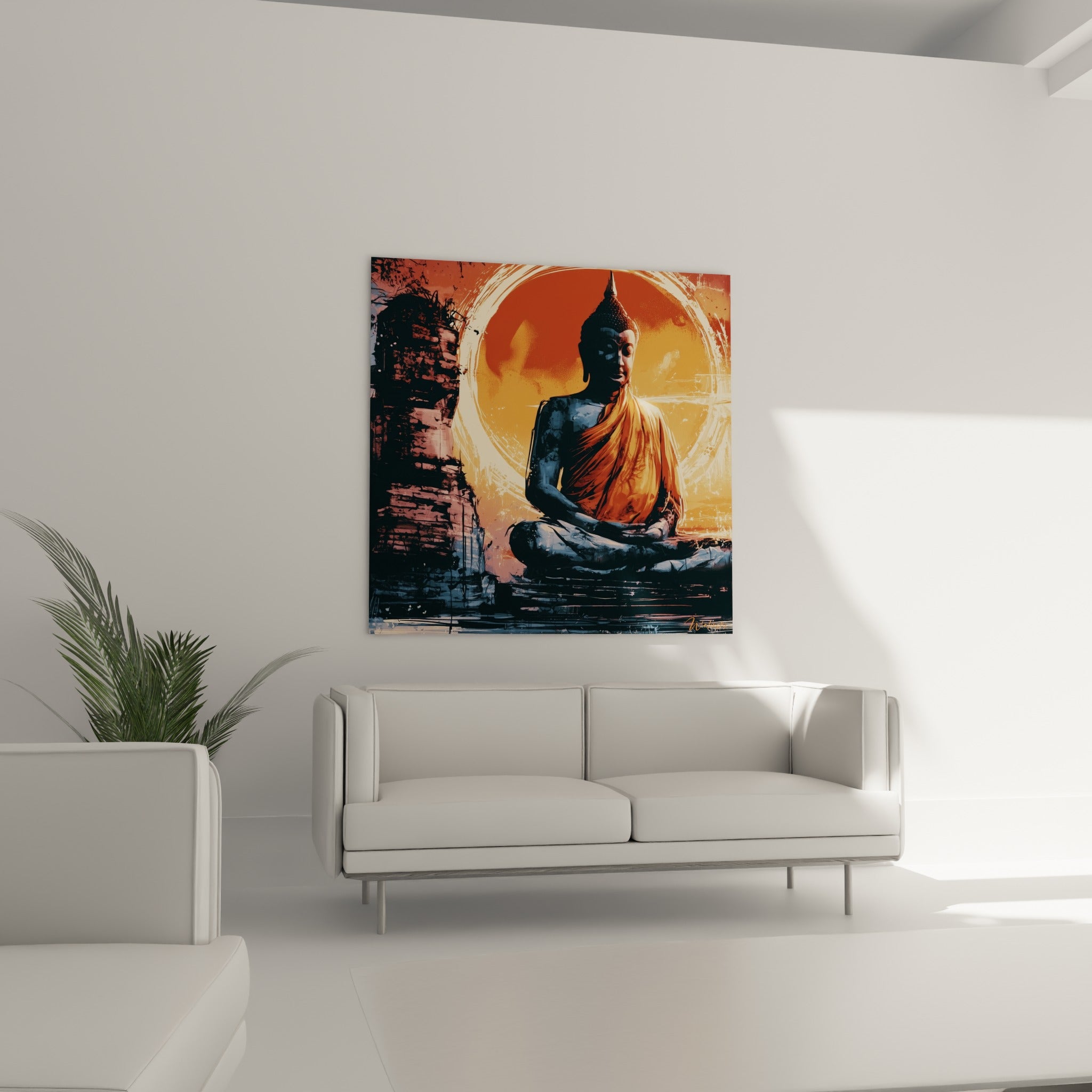 Figure de Bouddha en robe safran sur fond ocre, disposée au-dessus d'un canapé dans un salon lumineux