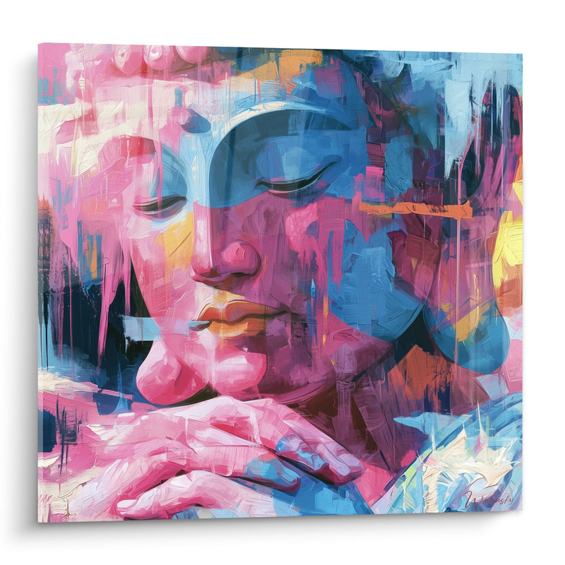 Tableau Visage rose et bleu aux mains jointes - Instant méditatif - Edition Bouddha