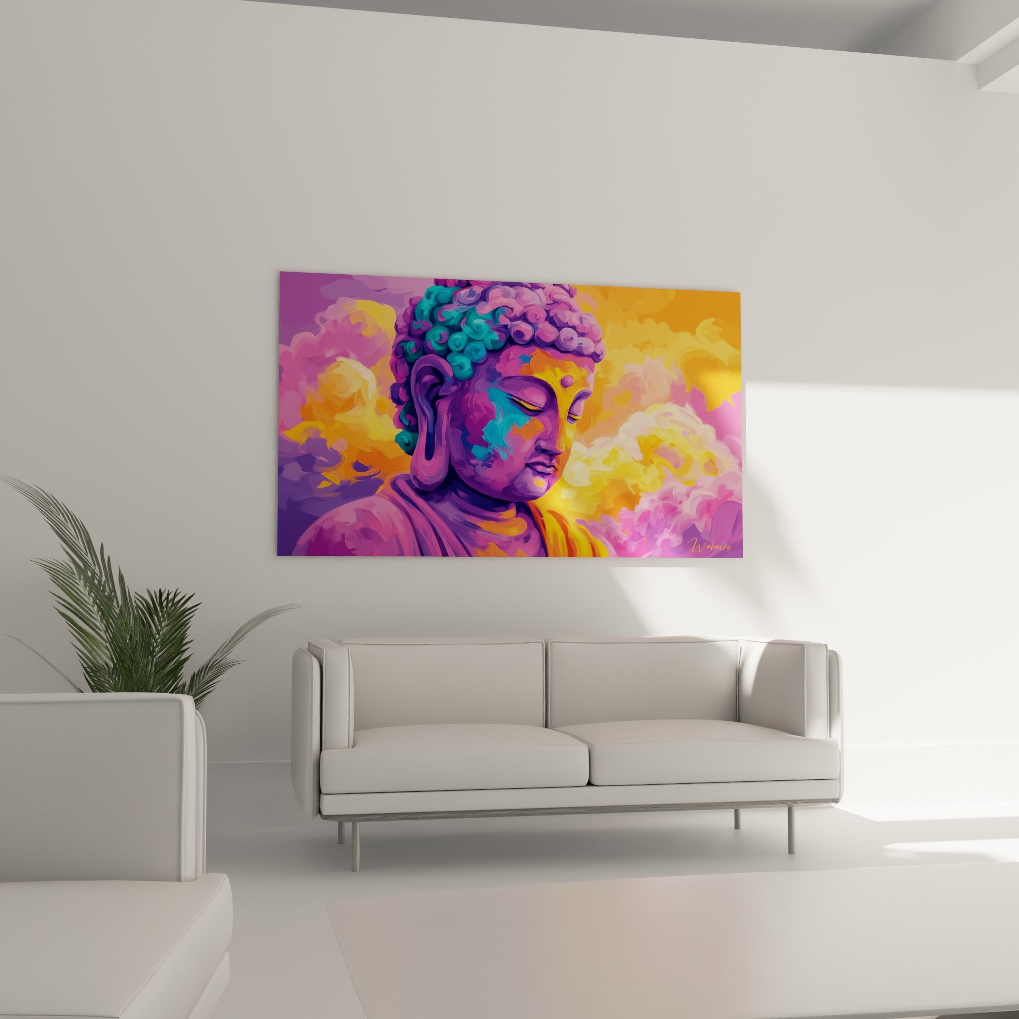 Visage apaisé aux tons pourpres et dorés, ce Bouddha domine un canapé dans un salon lumineux
