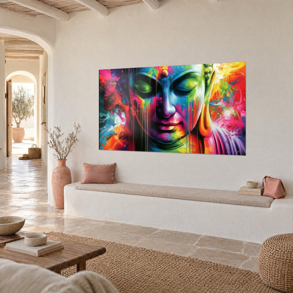Cuadro efigie serena de Buda con párpados cerrados, chorreados turquesa y naranja sobre pared blanca, banco de piedra y jarrón rosa