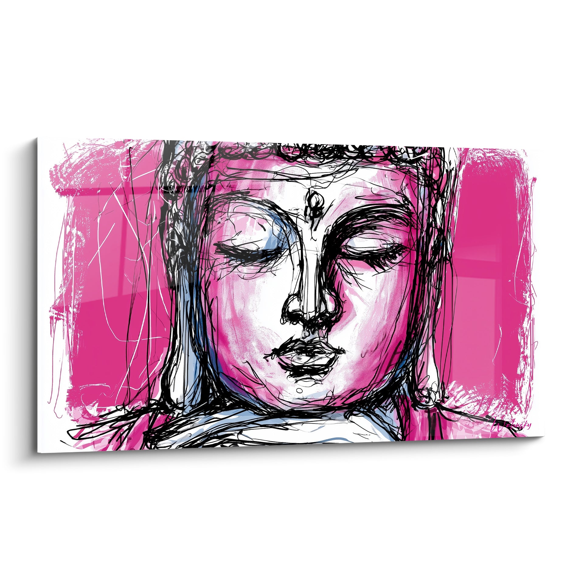 Bouddha esquissé en noir sur fond rose fuchsia, visage aux yeux clos, style graphique vibrant