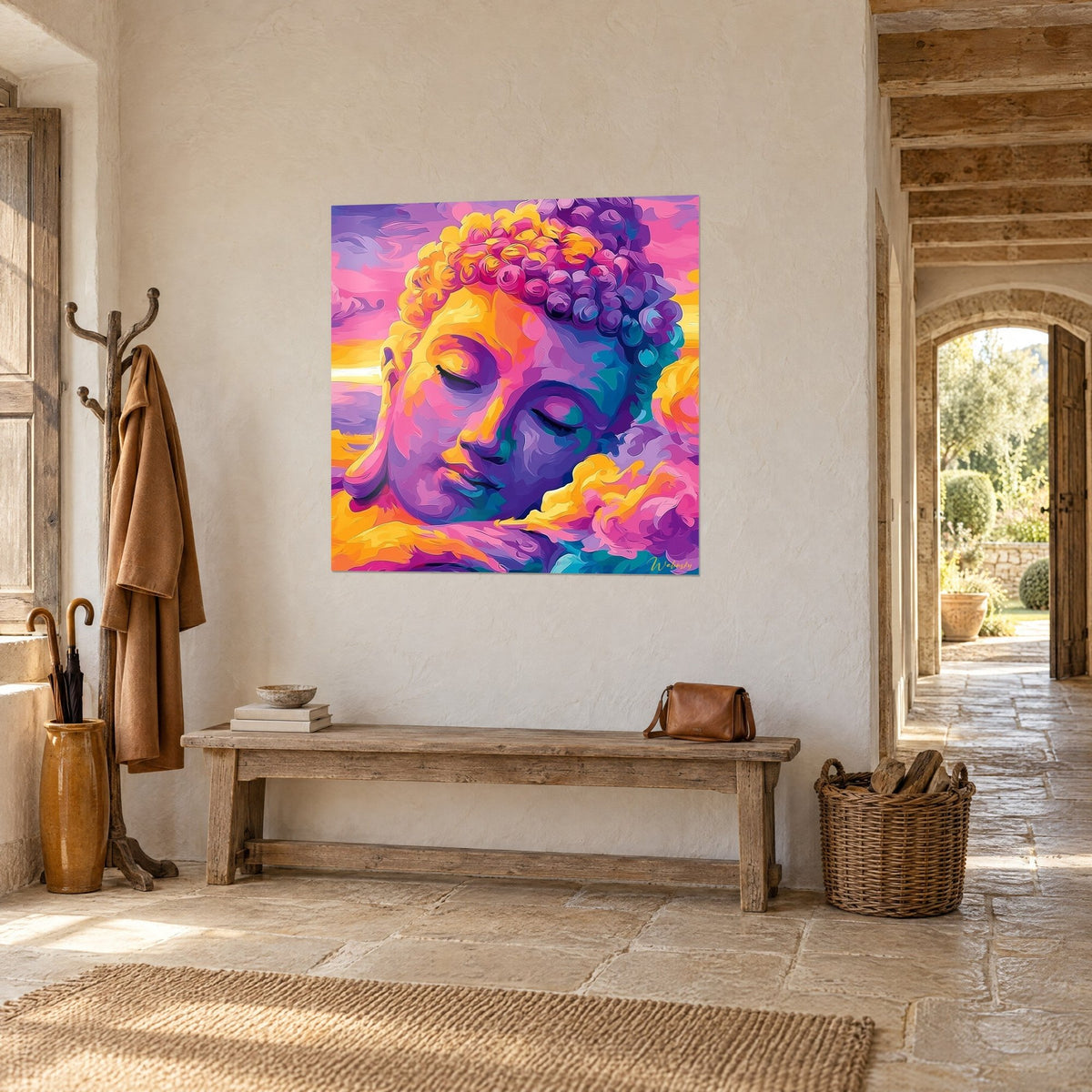 Tableau tête de Bouddha aux paupières closes, rose magenta et orange safran, vue de trois-quarts sur un mur en pierre claire