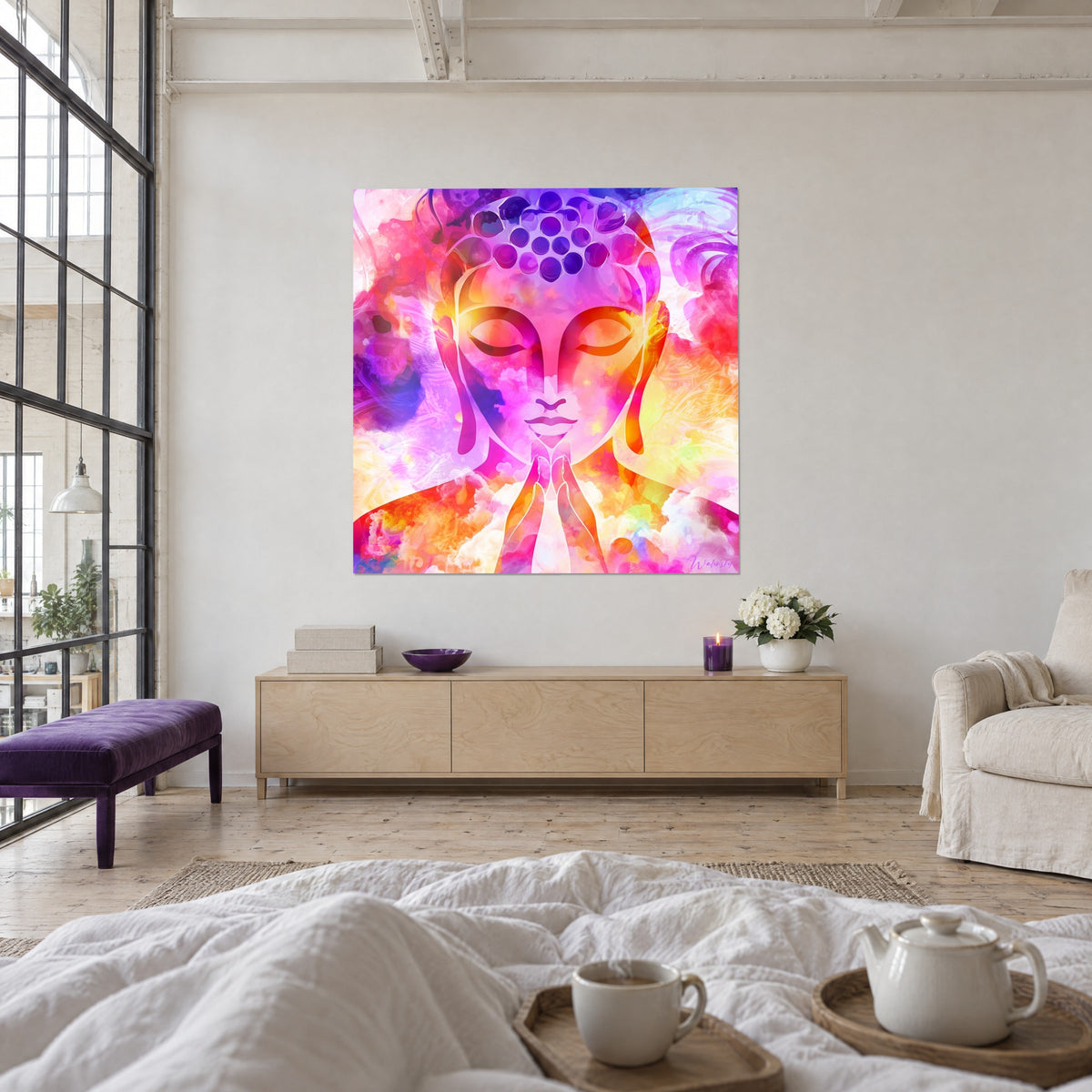 Gemälde gelassene Gestalt mit orangefarbenen und malvenfarbenen Wolken, purpurrote Perlenlocken, zwei Personen von hinten, über einem Bett in einem hellen Schlafzimmer
