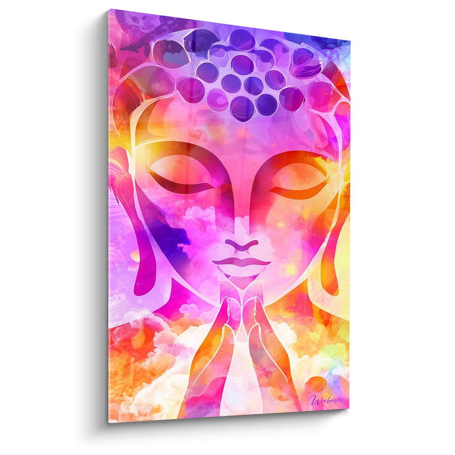 Tableau Visage aux mains jointes rose et violet - Méditation colorée - Edition Bouddha