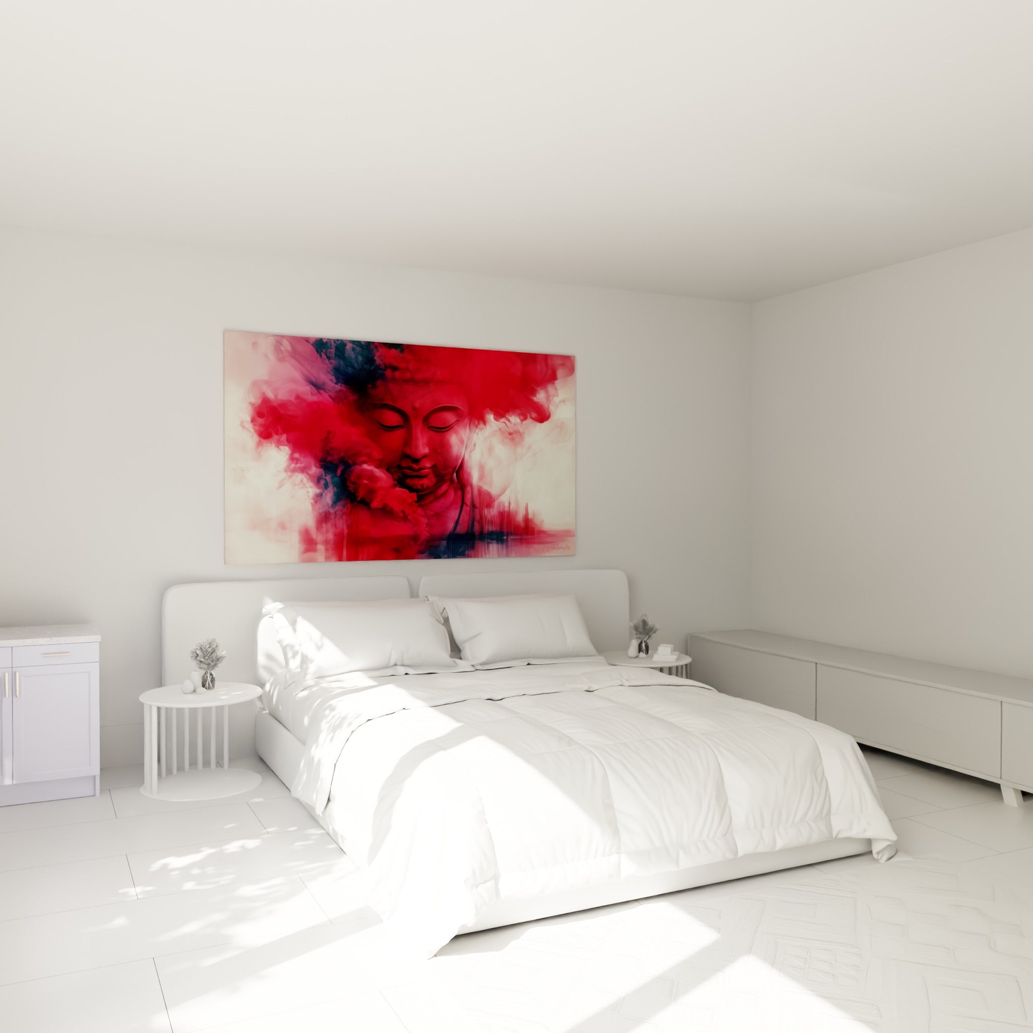 Sérénité du Bouddha rouge et ivoire aux volutes vaporeuses, au-dessus d'un lit dans une chambre claire