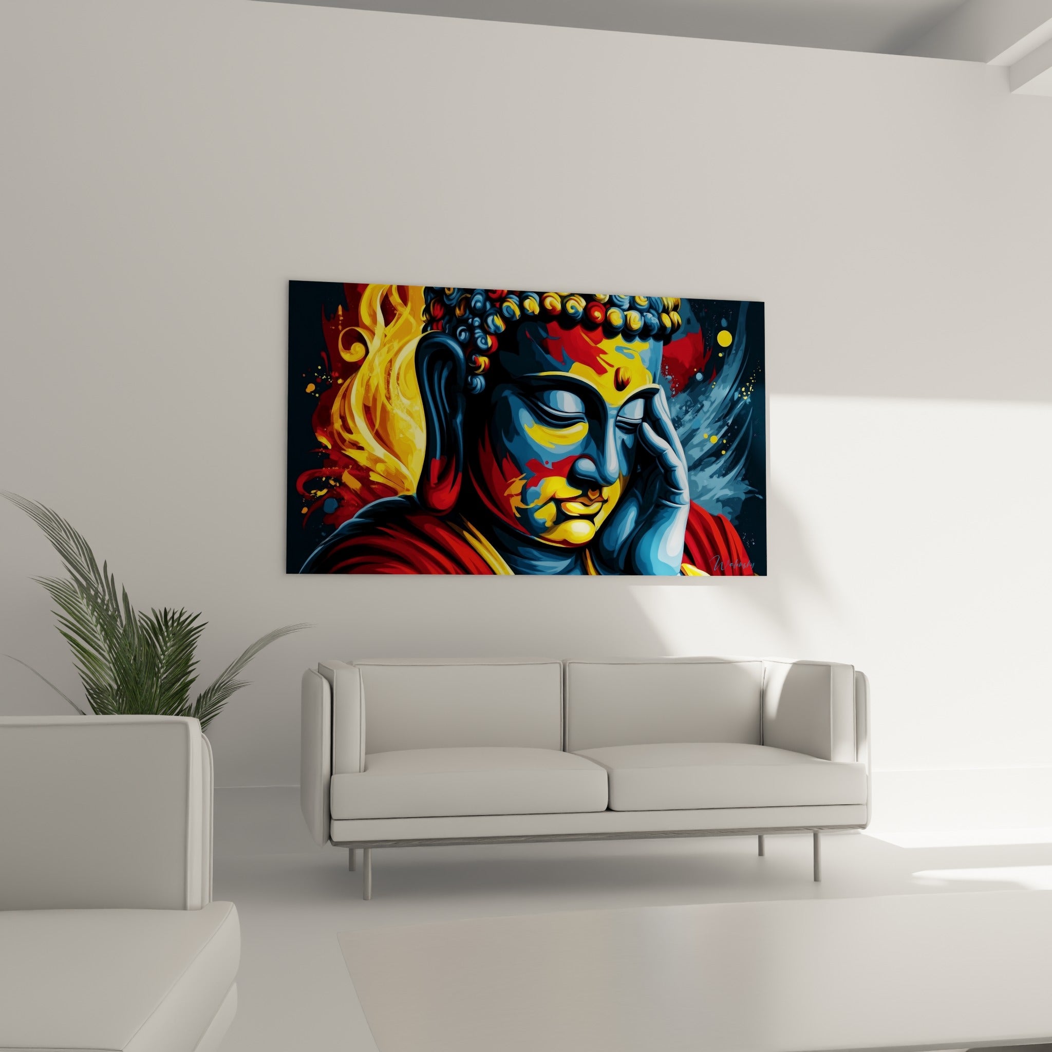 Visage fauve et bleu marine du Bouddha pensif, au-dessus d'un canapé dans un salon lumineux