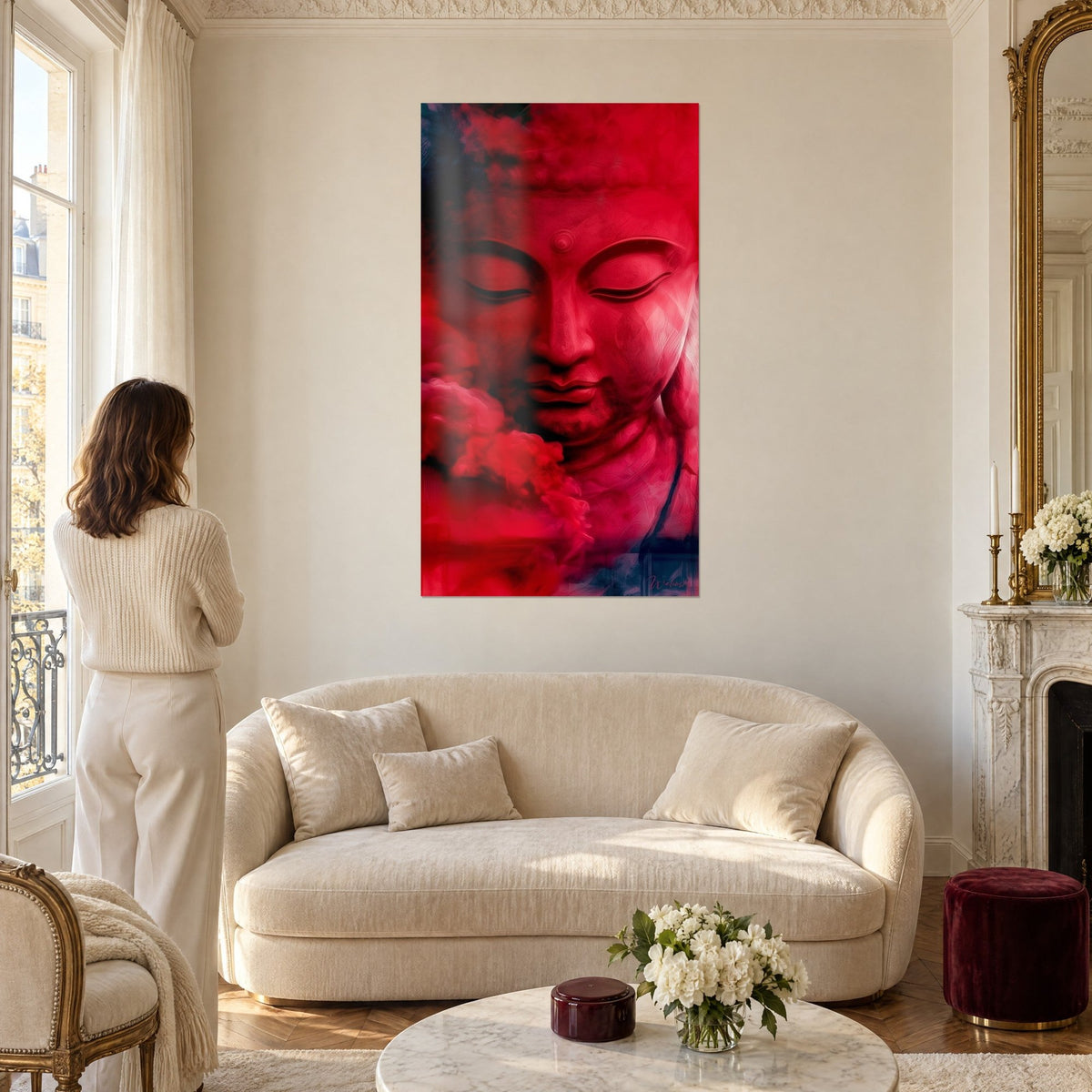 Tableau Bouddha carmin aux paupières closes, fumée pourpre et touches bleu nuit, au-dessus d'un canapé dans un salon lumineux
