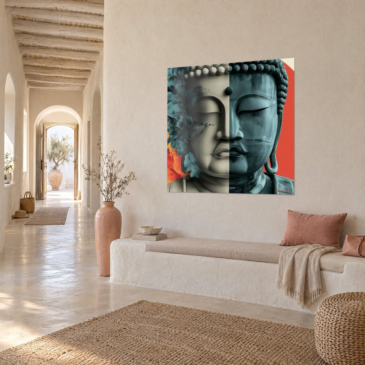 Tableau visage de Bouddha scindé en deux, ivoire sculpté et bleu pétrole, éclats orange, vu de trois-quarts dans un couloir voûté