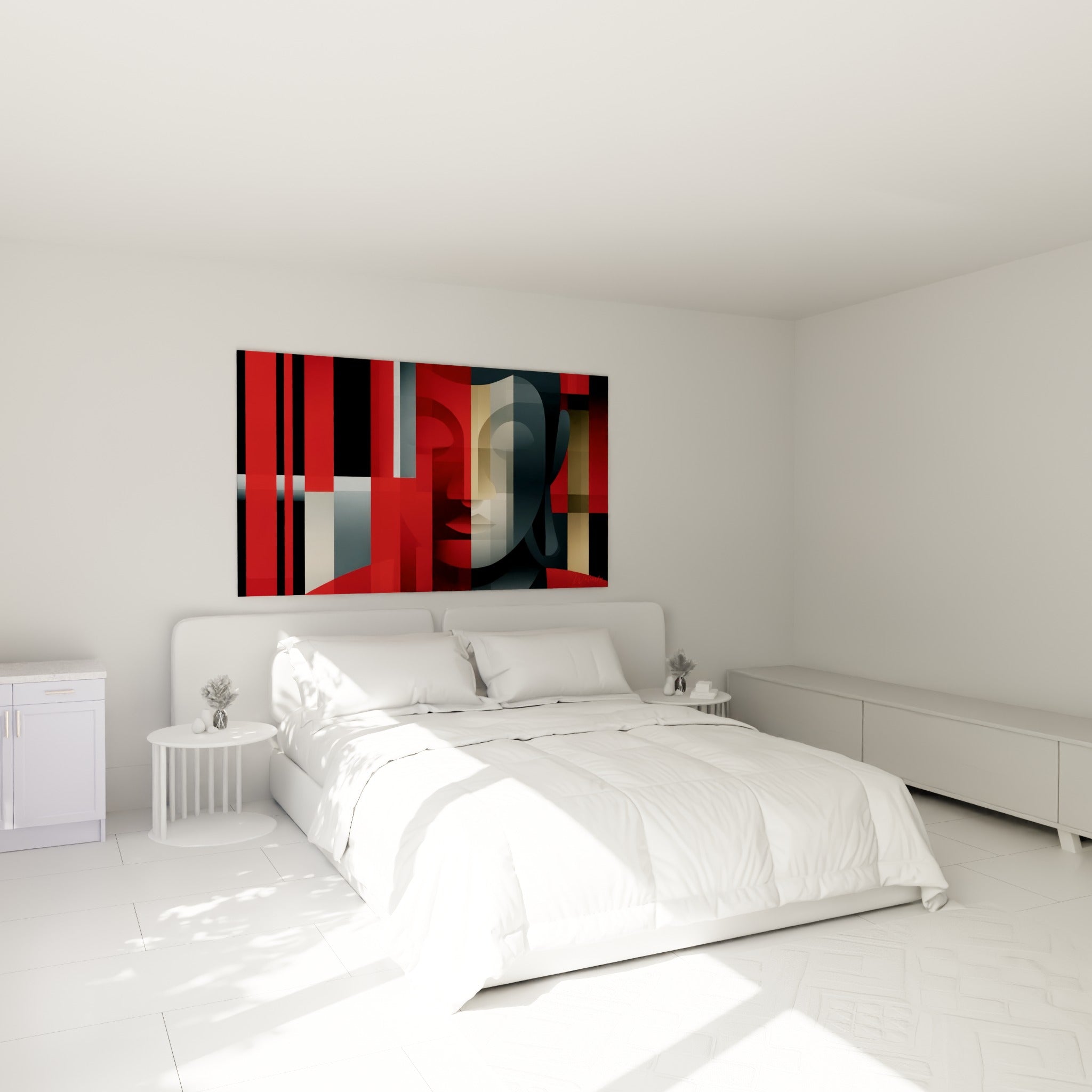 Bouddha au visage fragmenté rouge et doré, accroché au-dessus d'un lit dans une chambre claire