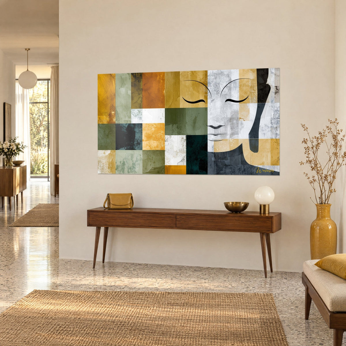 Πίνακας γαλήνιο πρόσωπο σε τοιχογραφικό patchwork ώχρας, φασκομηλιάς και περλέ γκρι, τοποθετημένος σε ξύλινη κονσόλα, τρίτο προφίλ