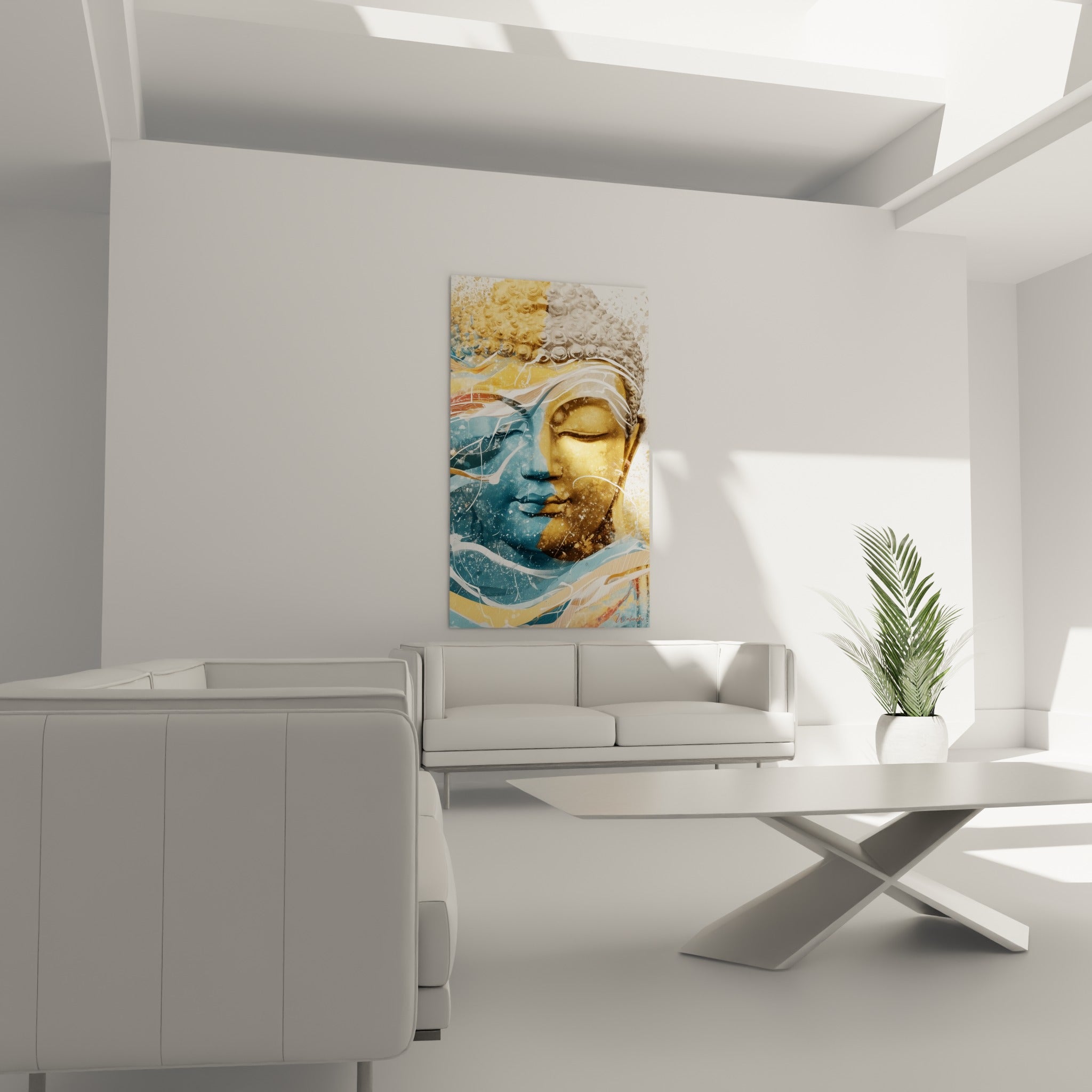 Visage méditatif doré et turquoise de Bouddha au-dessus d'un canapé dans un salon lumineux