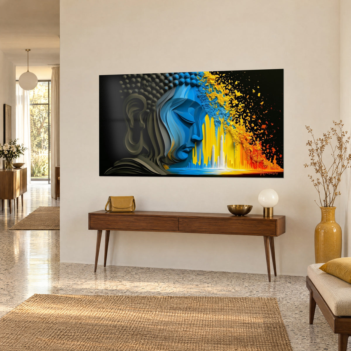 Schilderij rustig profiel in kobaltblauw met gesloten oogleden, grijs krullend haar, witte wolkenkrabbers, op een houten console