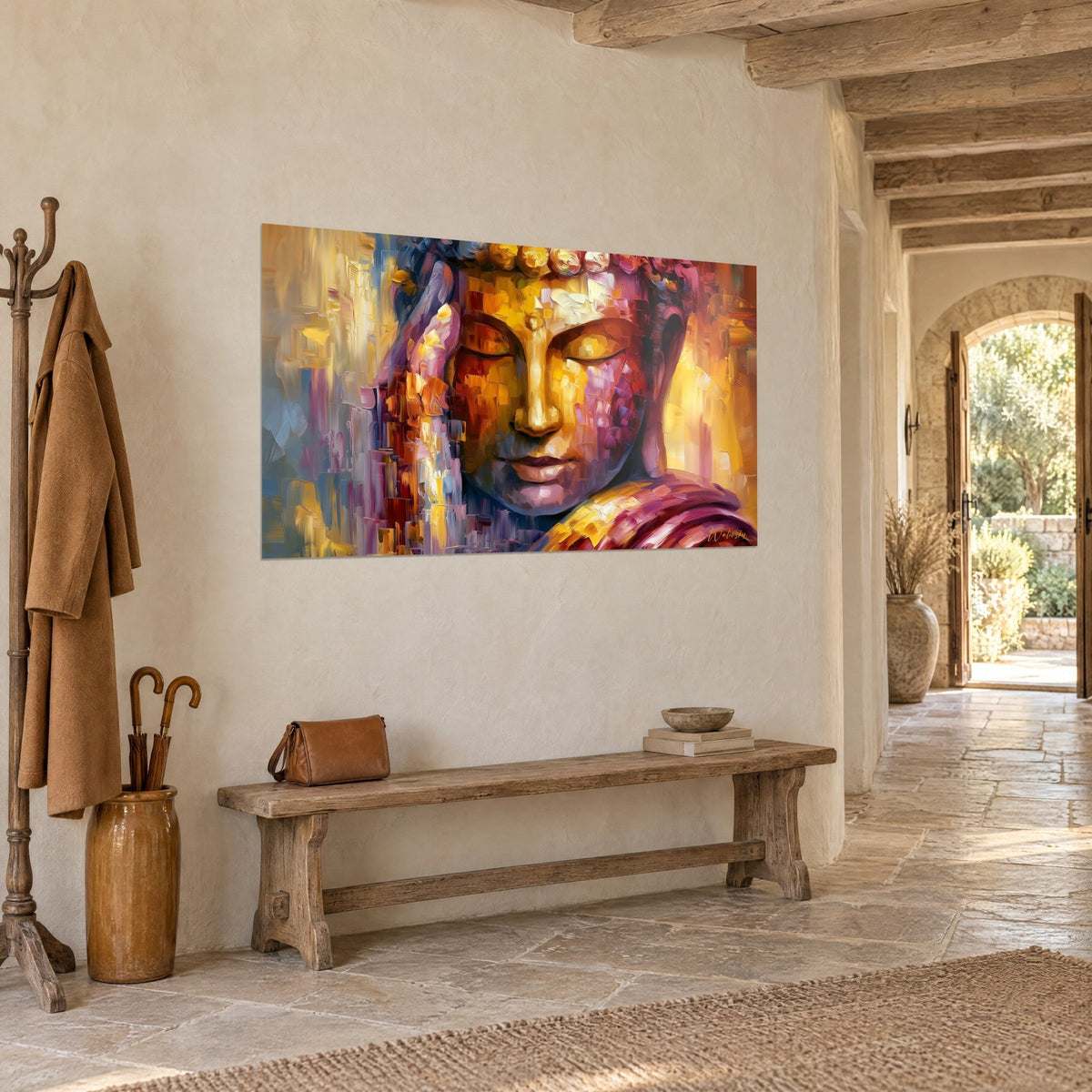 Tableau visage serein aux coups de couteau ocre et rose, mèches verticales bleutées, couloir en pierre d'une maison
