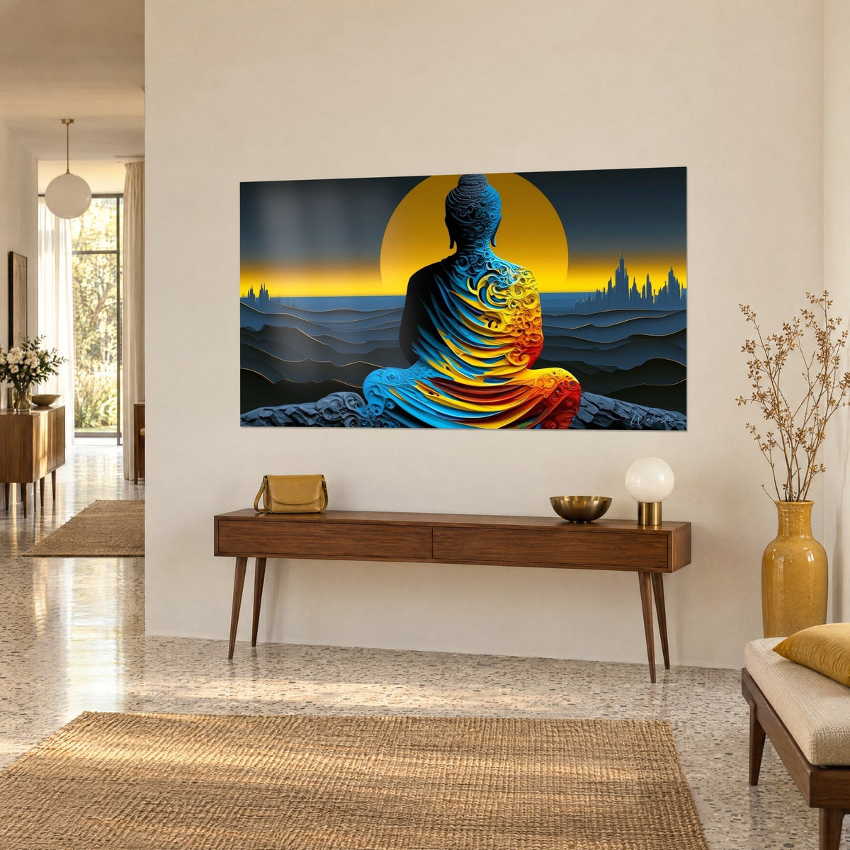 Schilderij mediterende beeldje met turquoise en rode krullen, gouden schijf boven een donkere horizon, driekwartaanzicht boven een houten console