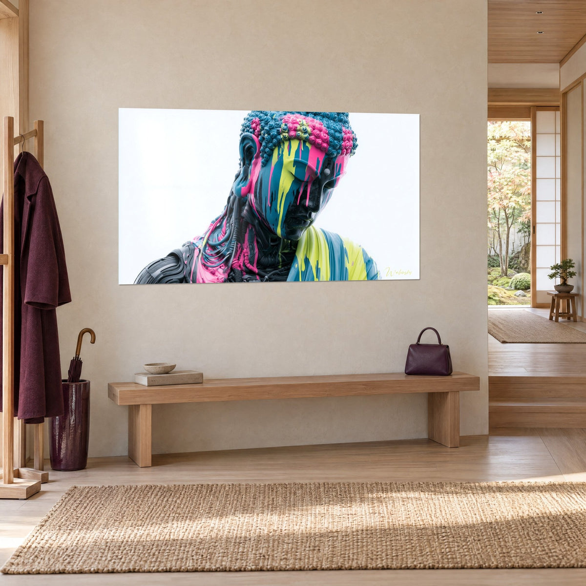 Quadro statua meccanica dal volto nero che cola di giallo limone e rosa, cavi sul collo, accanto a una panchina di legno
