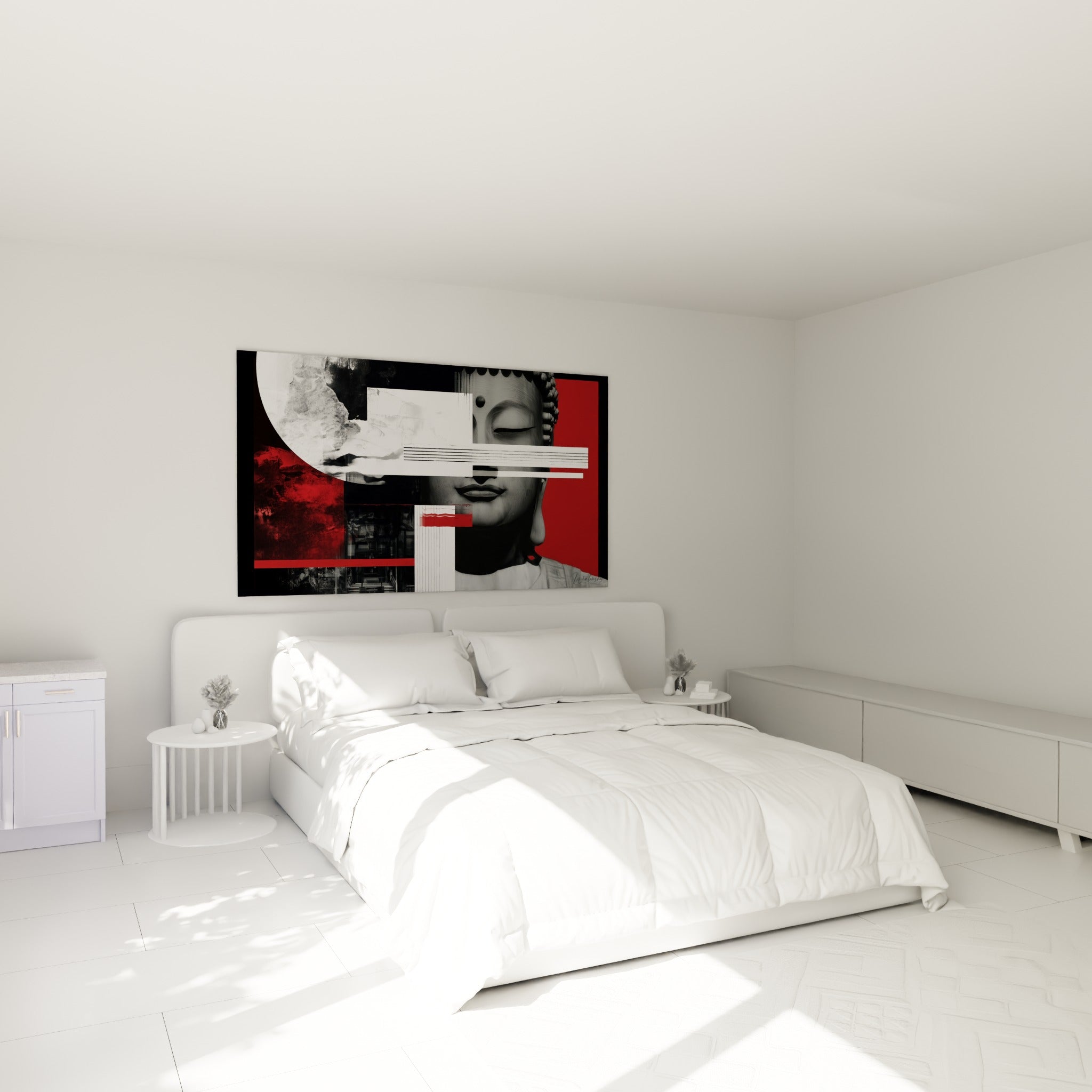 Sérénité du Bouddha anthracite et rouge profond, au-dessus d'un lit dans une chambre claire