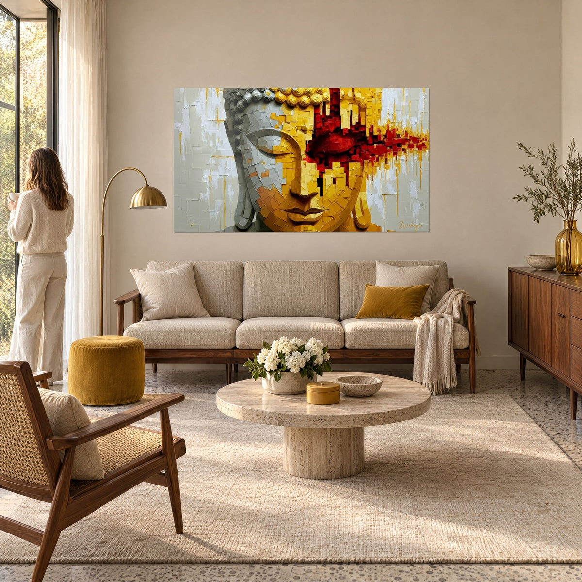 Cuadro mosaico de Buda en oro y gris, ojo rojo ardiente, goteos dorados, sobre un sofá en un salón luminoso
