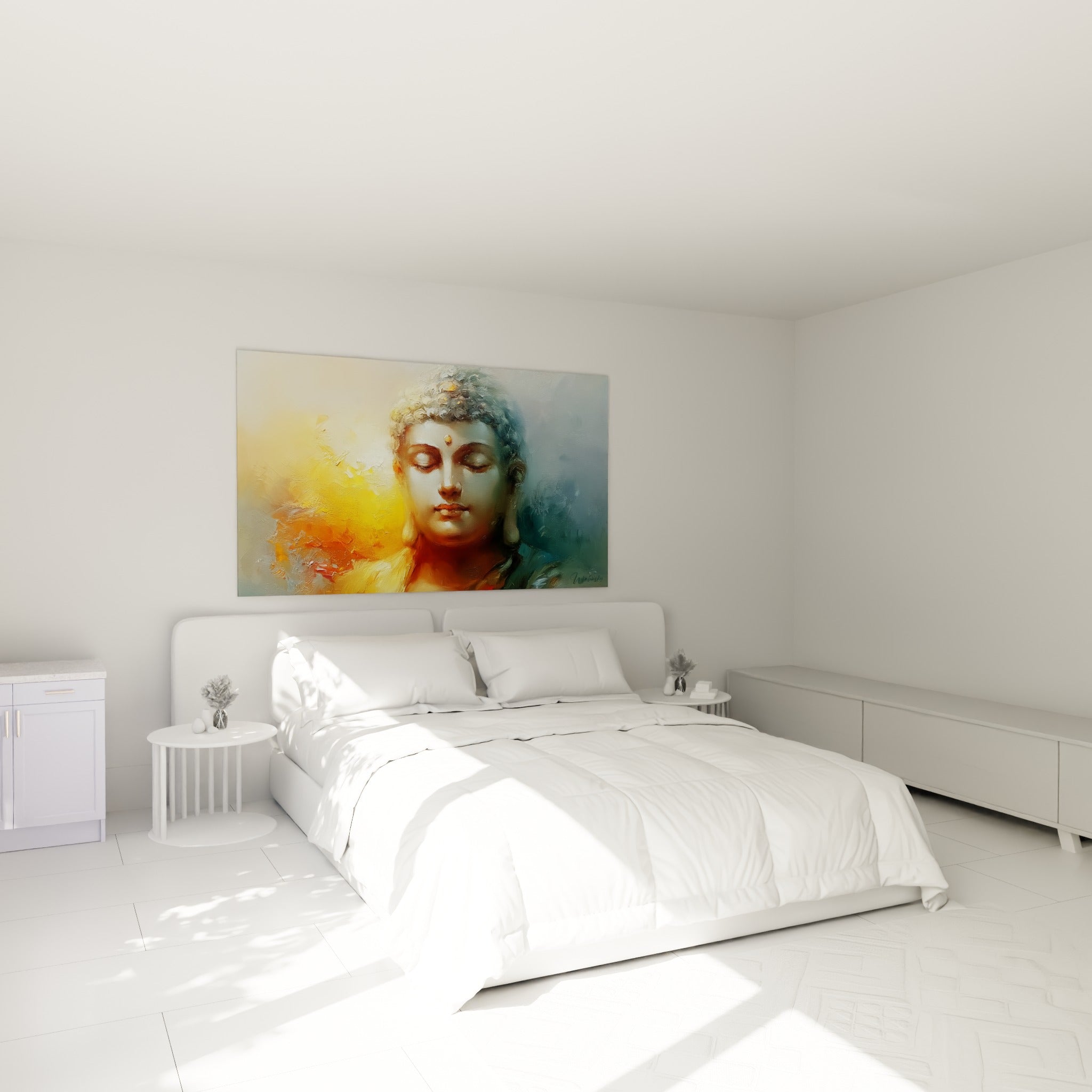 Bouddha au regard apaisé, tons ocre et bleu-gris, accroché au-dessus d'un lit dans une chambre claire