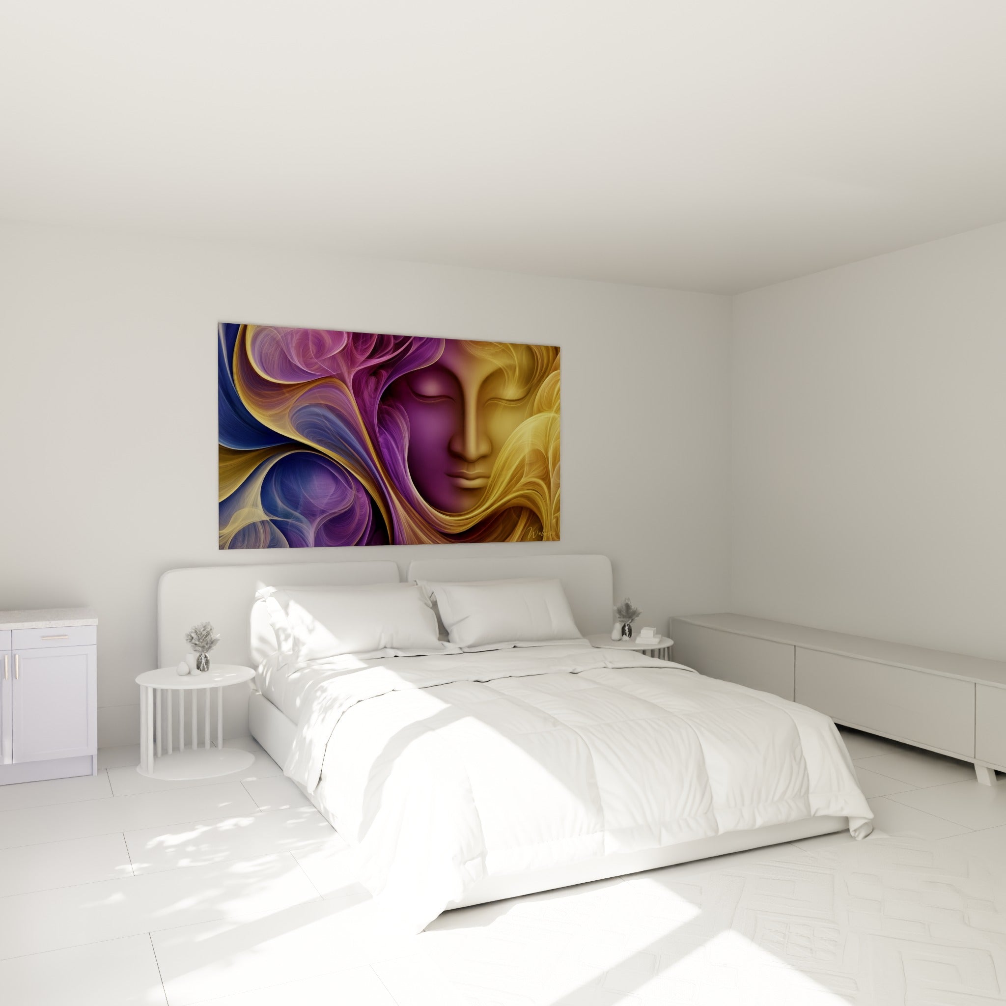 Bouddha serein en violet et doré au-dessus d'un lit dans une chambre claire et apaisée.