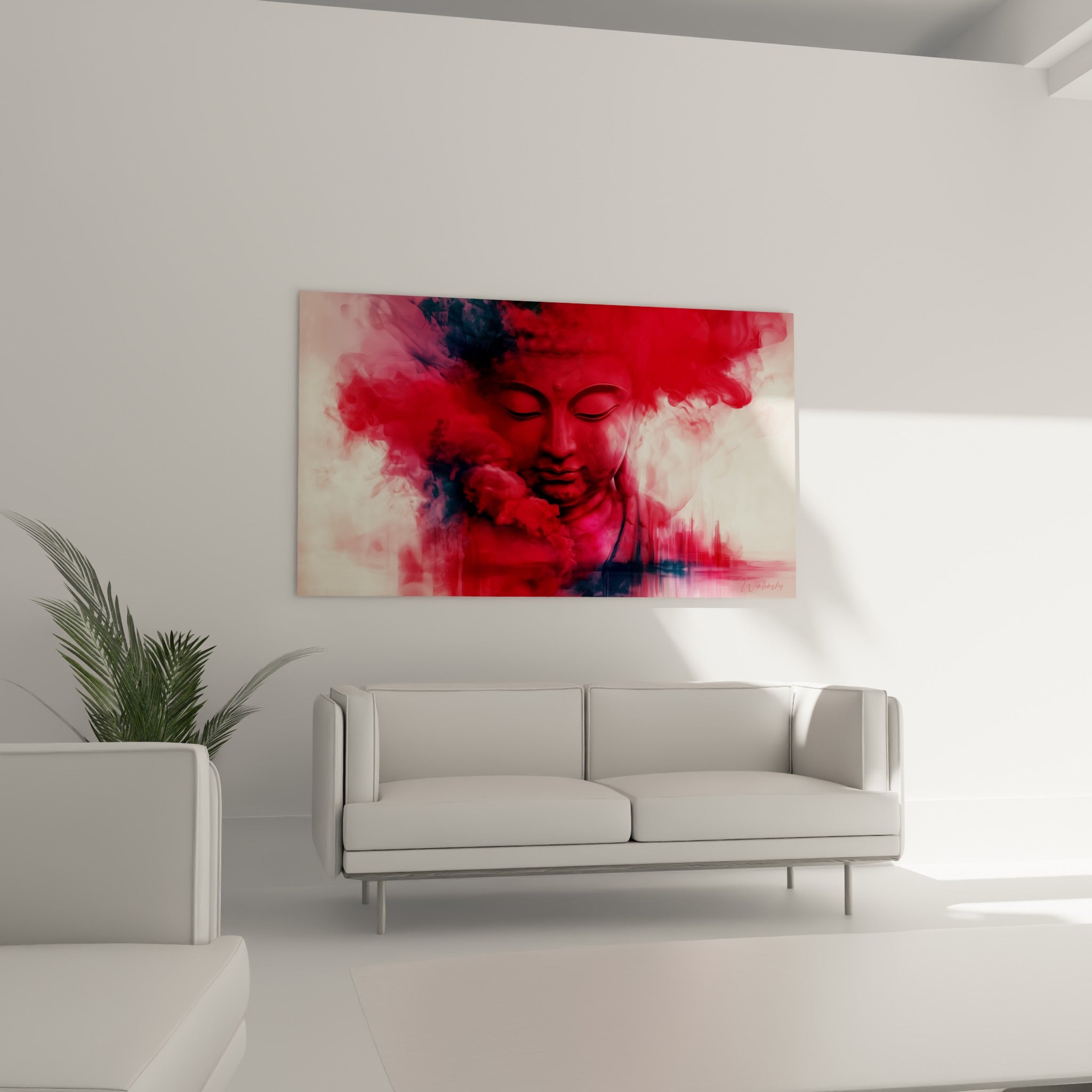 Visage du Bouddha rouge et anthracite, yeux clos, au-dessus d'un canapé dans un salon lumineux