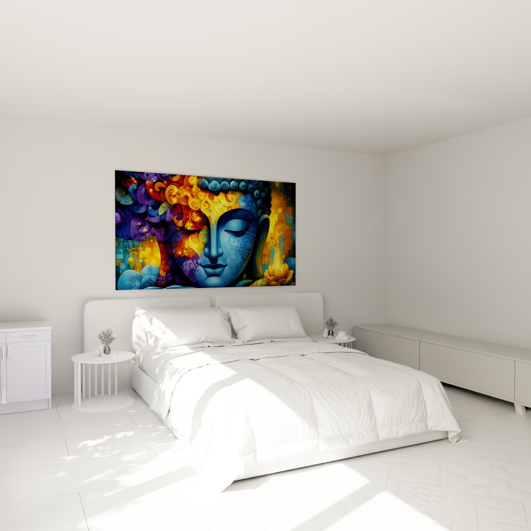 Bouddha bleu serein à la coiffe dorée, accroché au-dessus d'un lit dans une chambre claire