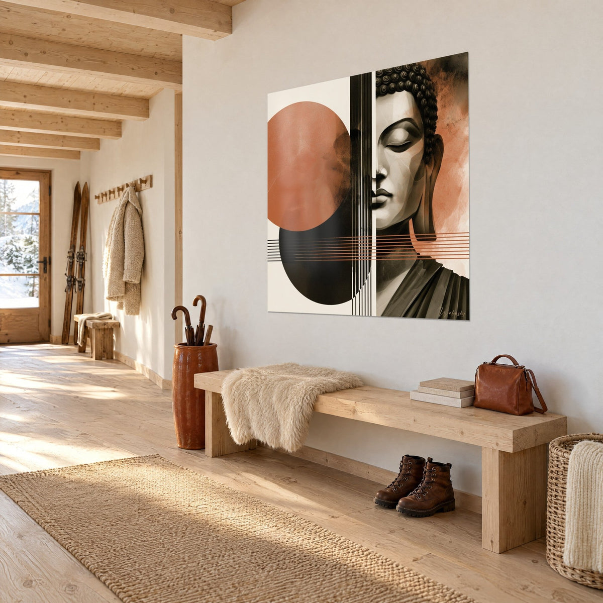Tableau effigie sereine mi-ocre mi-ombre, stries noires verticales sur crème, accroché en entrée de chalet, vue de trois-quarts