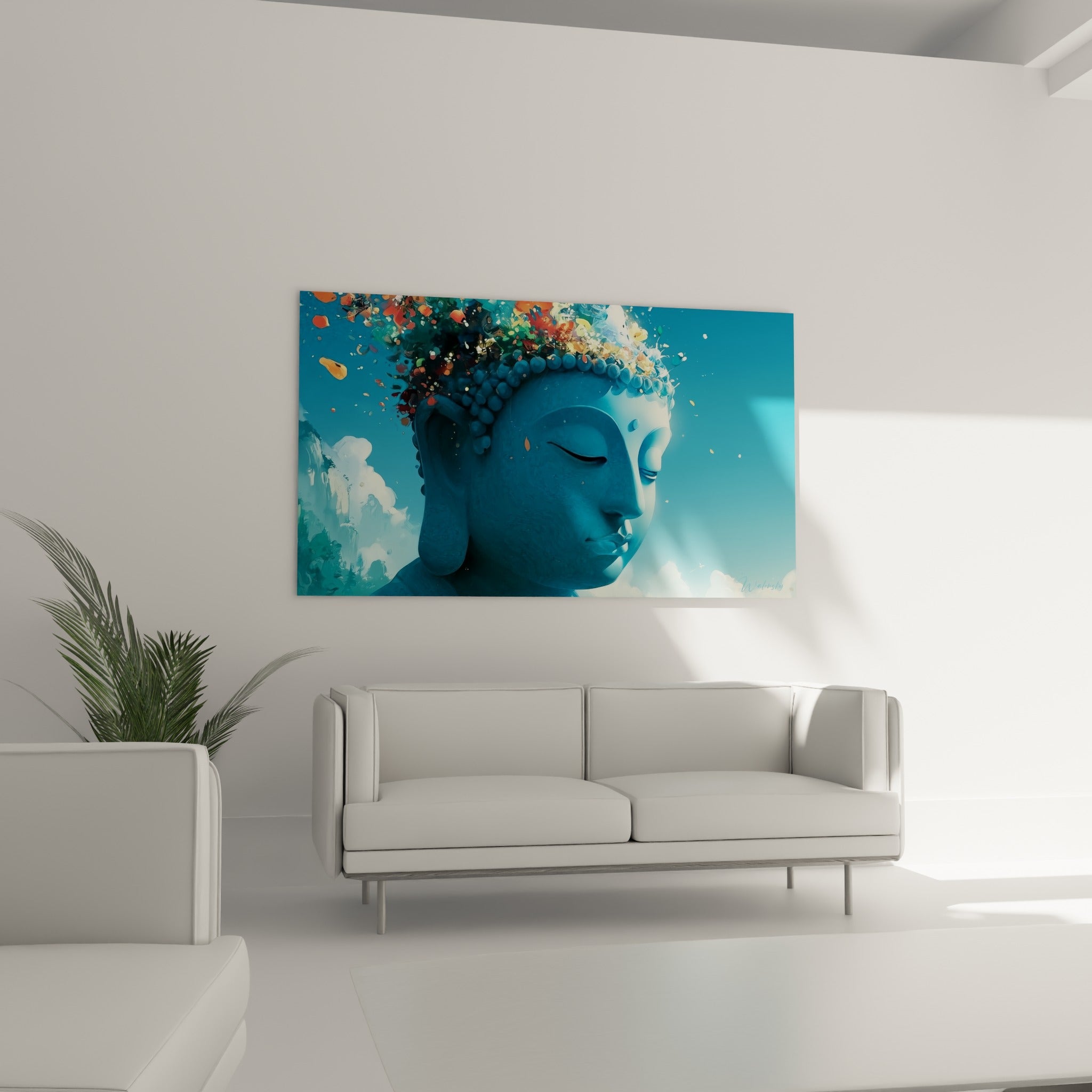 Tête de Bouddha bleu ciel aux paupières baissées entourée de pétales colorés, au-dessus d'un canapé dans un salon lumineux