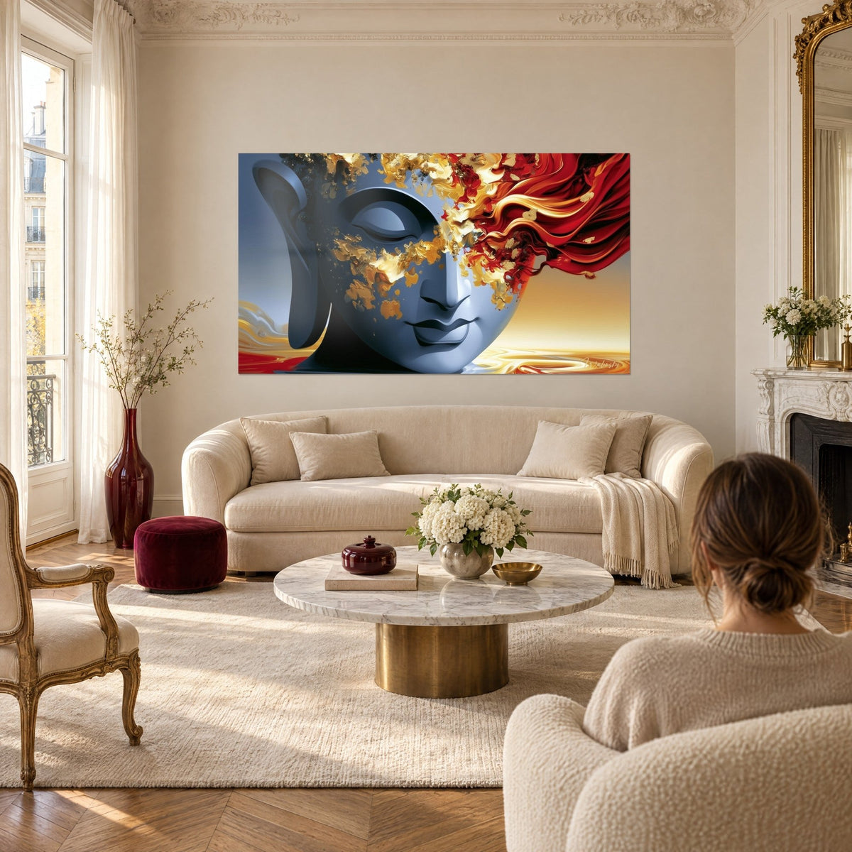 Tableau visage de Bouddha bleu ardoise, mèches rouges et éclats d'or, au-dessus d'un canapé dans un salon lumineux