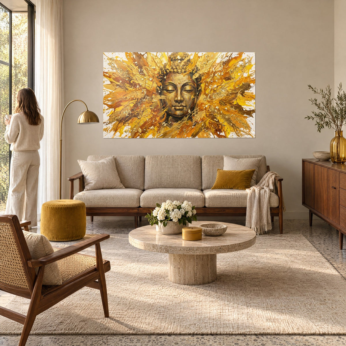 Tableau visage de Bouddha aux paupières closes, éclats ambrés et dorés rayonnants, au-dessus d'un canapé dans un salon lumineux