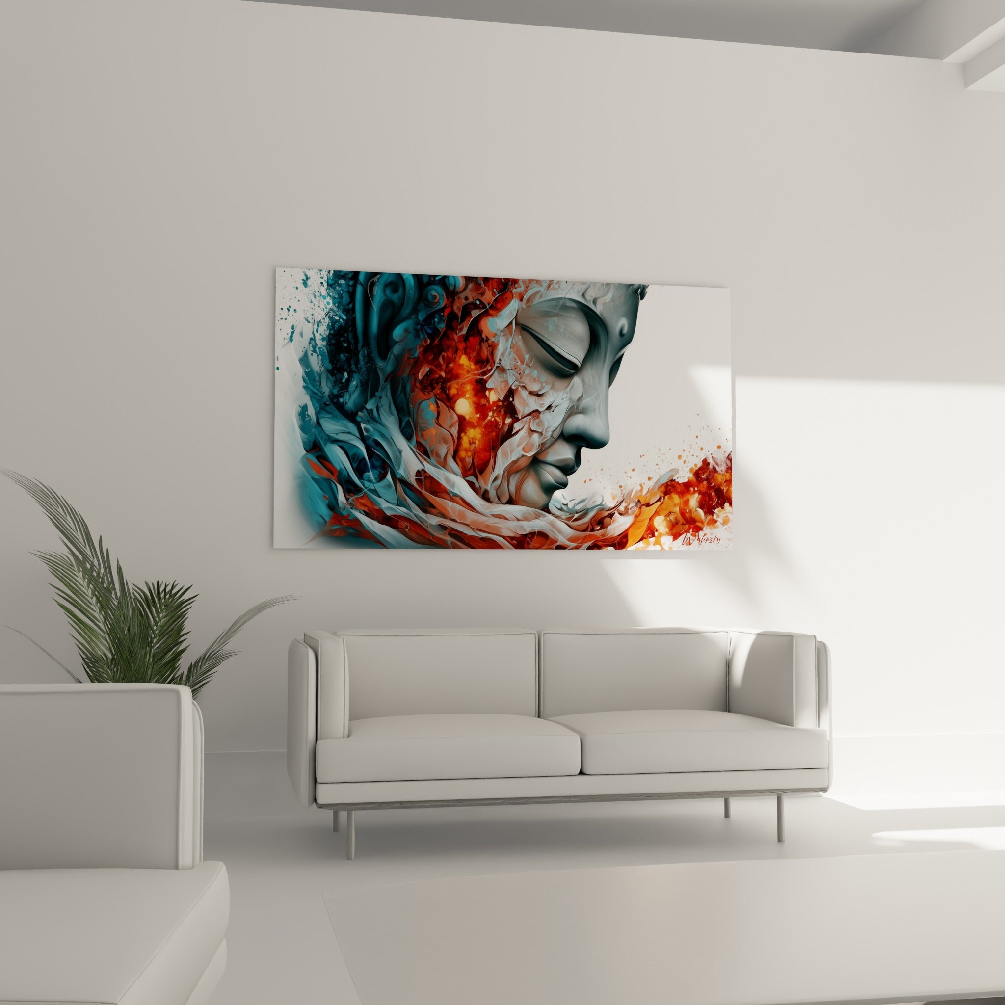 Sérénité du Bouddha anthracite mêlée aux flammes terracotta au-dessus d'un canapé dans un salon lumineux