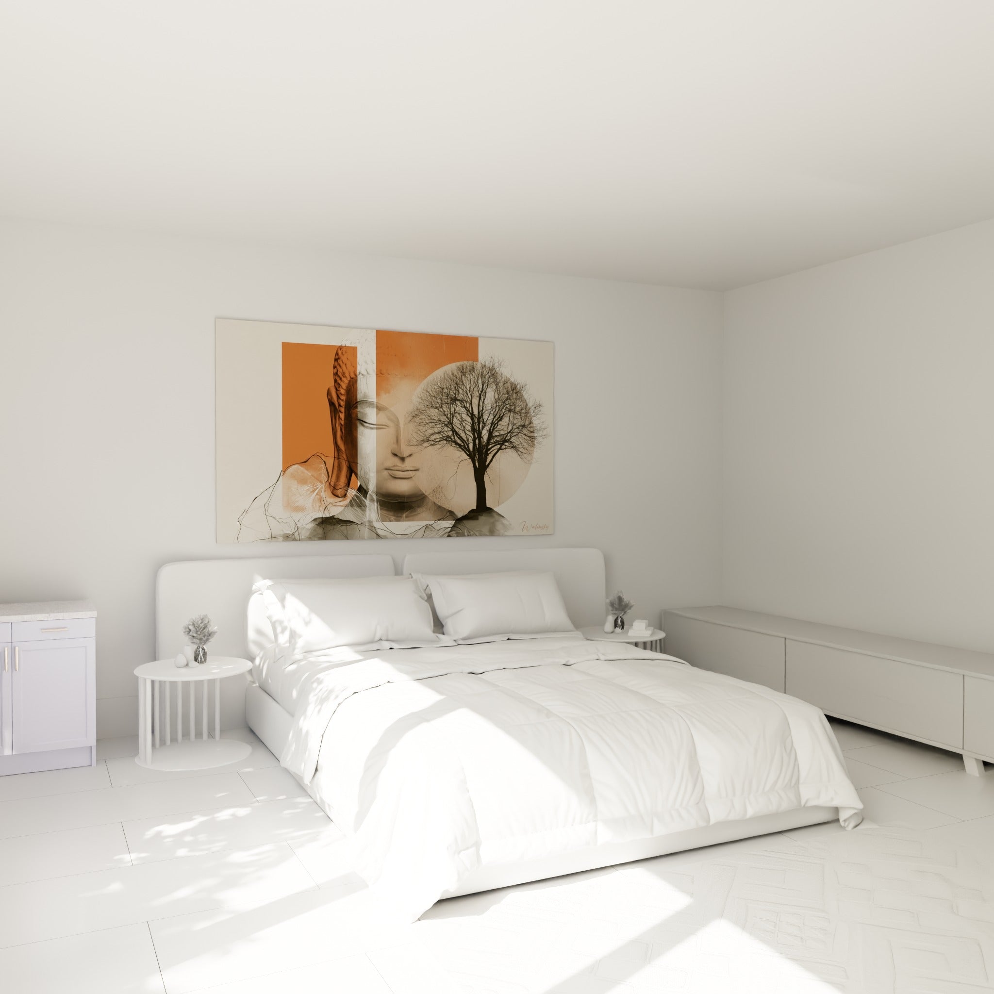Sérénité du visage de Bouddha en terracotta et beige, au-dessus d'un lit dans une chambre claire