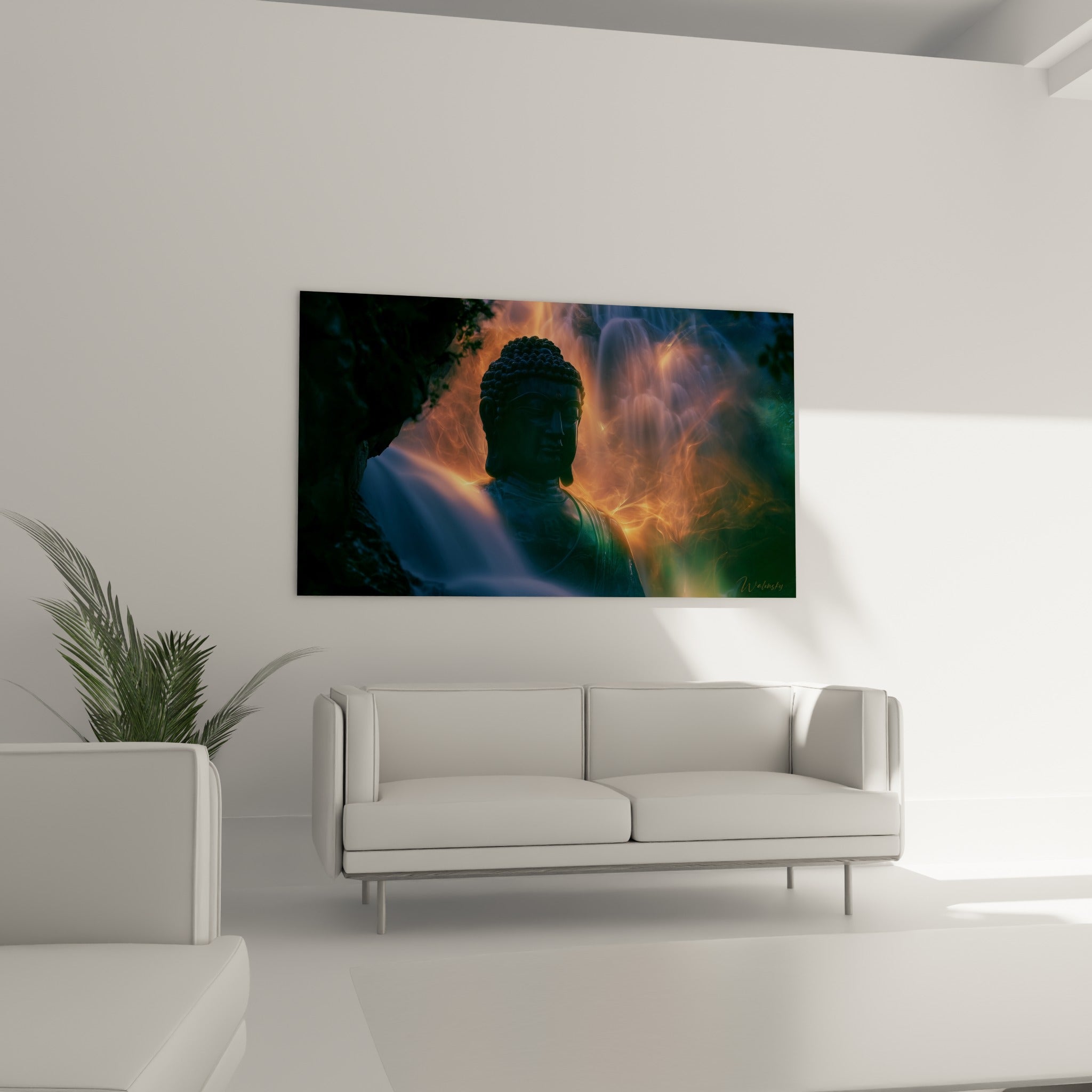 Silhouette sacrée de Bouddha bleu nuit et orange, disposée au-dessus d'un canapé dans un salon lumineux