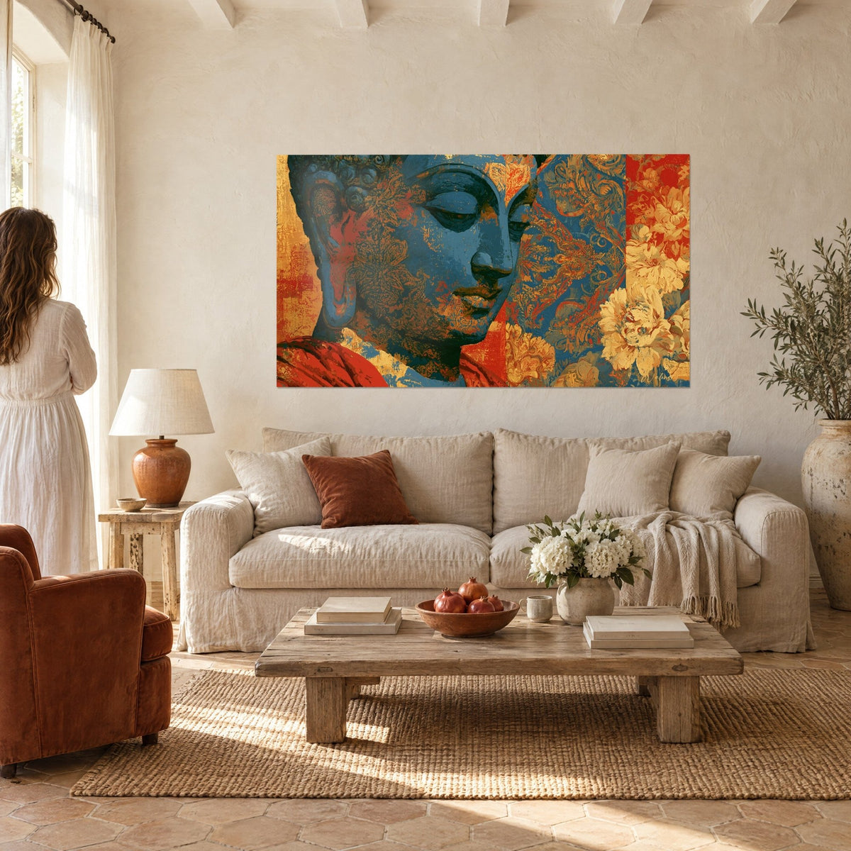 Tableau visage de Bouddha bleu ardoise aux motifs floraux brodés, rouge et or, au-dessus d'un canapé dans un salon lumineux