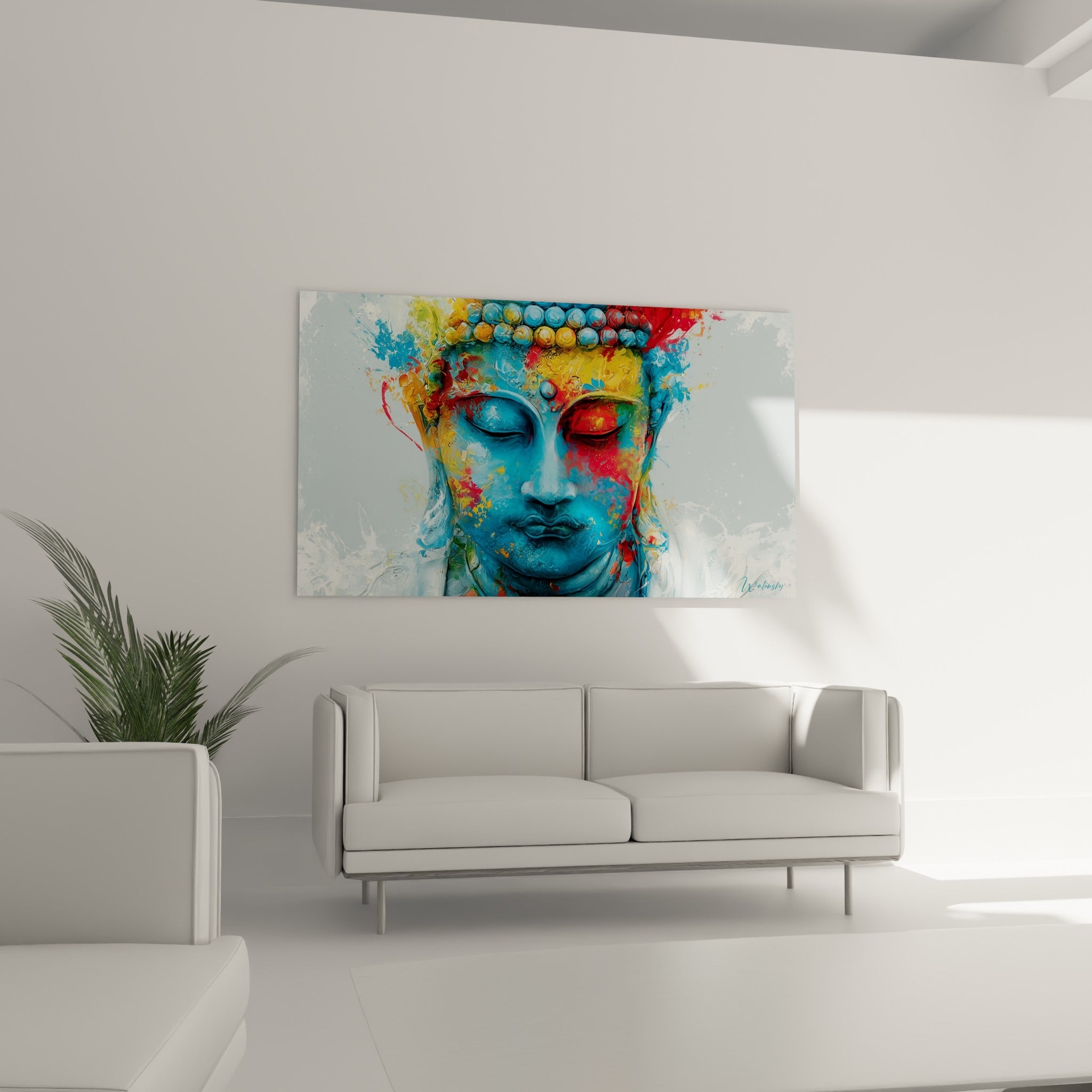 Sérénité du Bouddha ocre et bleu turquoise, suspendue au-dessus d'un canapé dans un salon lumineux