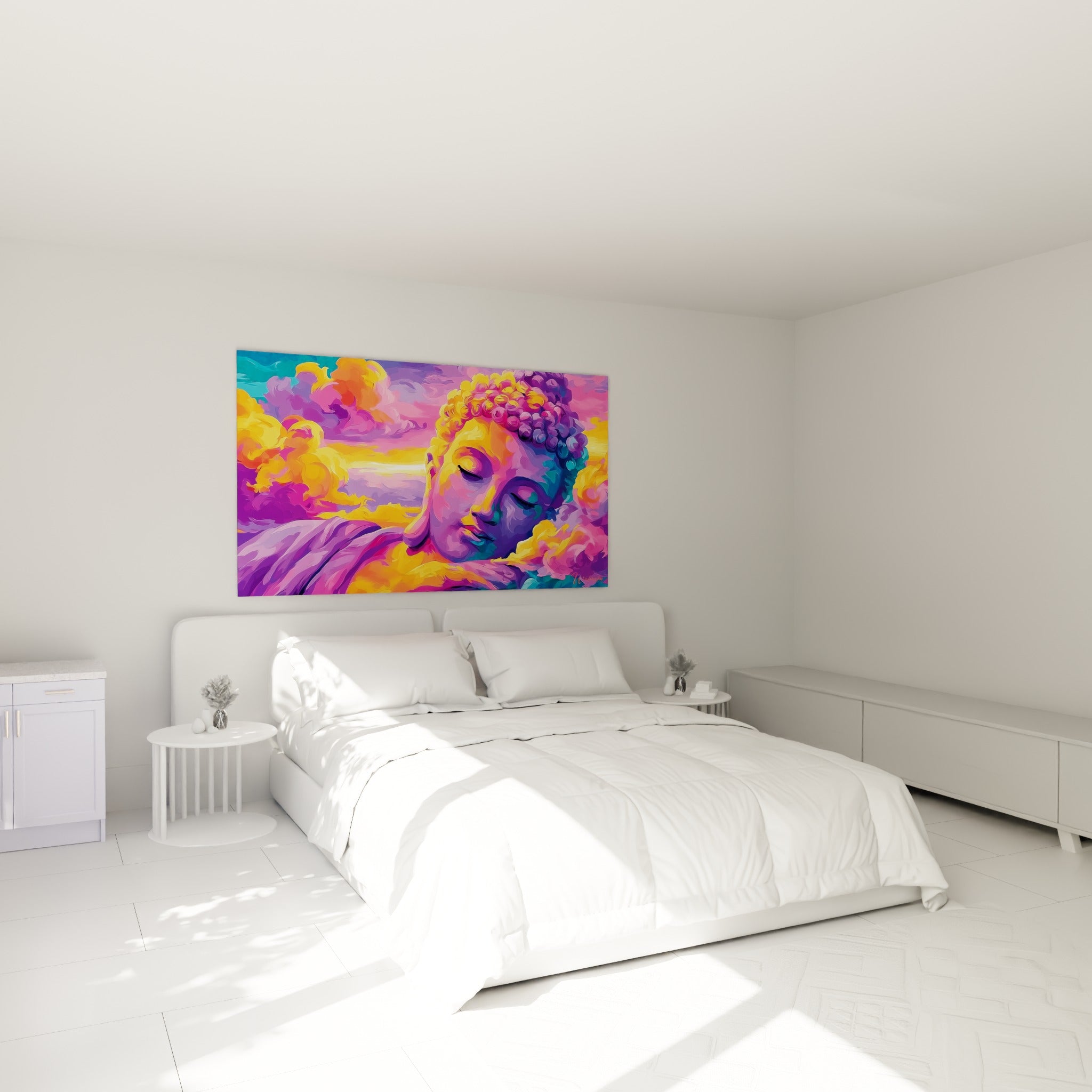 Sérénité peinte du visage de Bouddha en orangé et violet, accrochée au-dessus d'un lit dans une chambre claire