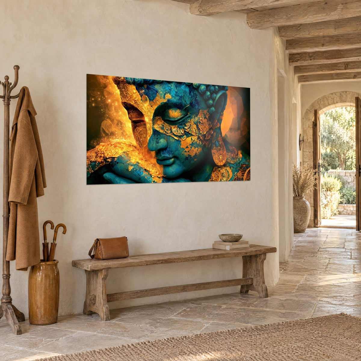 Tableau effigie sereine en bleu paon et or flamboyant, mur de pierre claire et banc en bois, entrée voûtée d'une maison de campagne