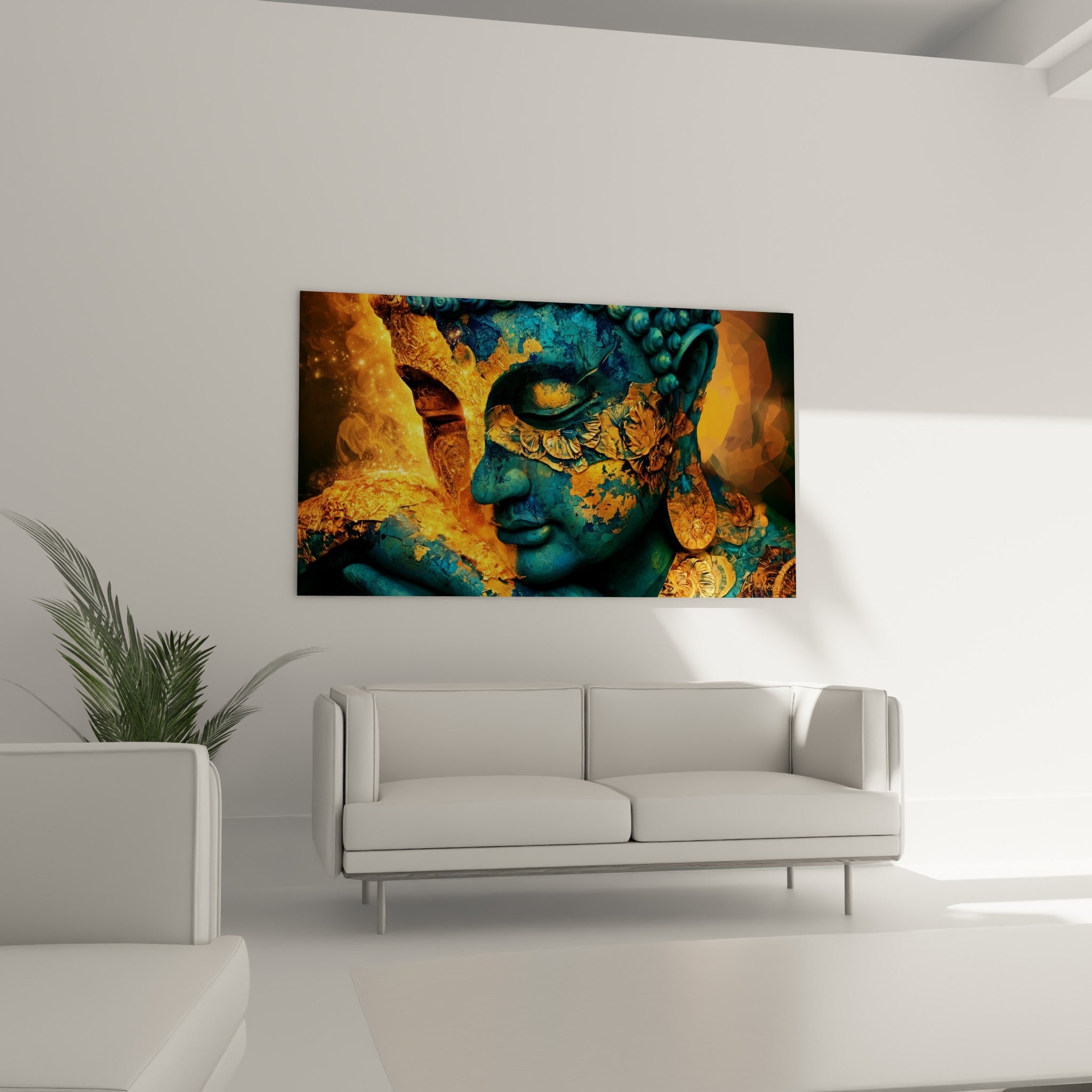 Sérénité du visage doré et turquoise de Bouddha, matière craquelée, au-dessus d'un canapé dans un salon lumineux