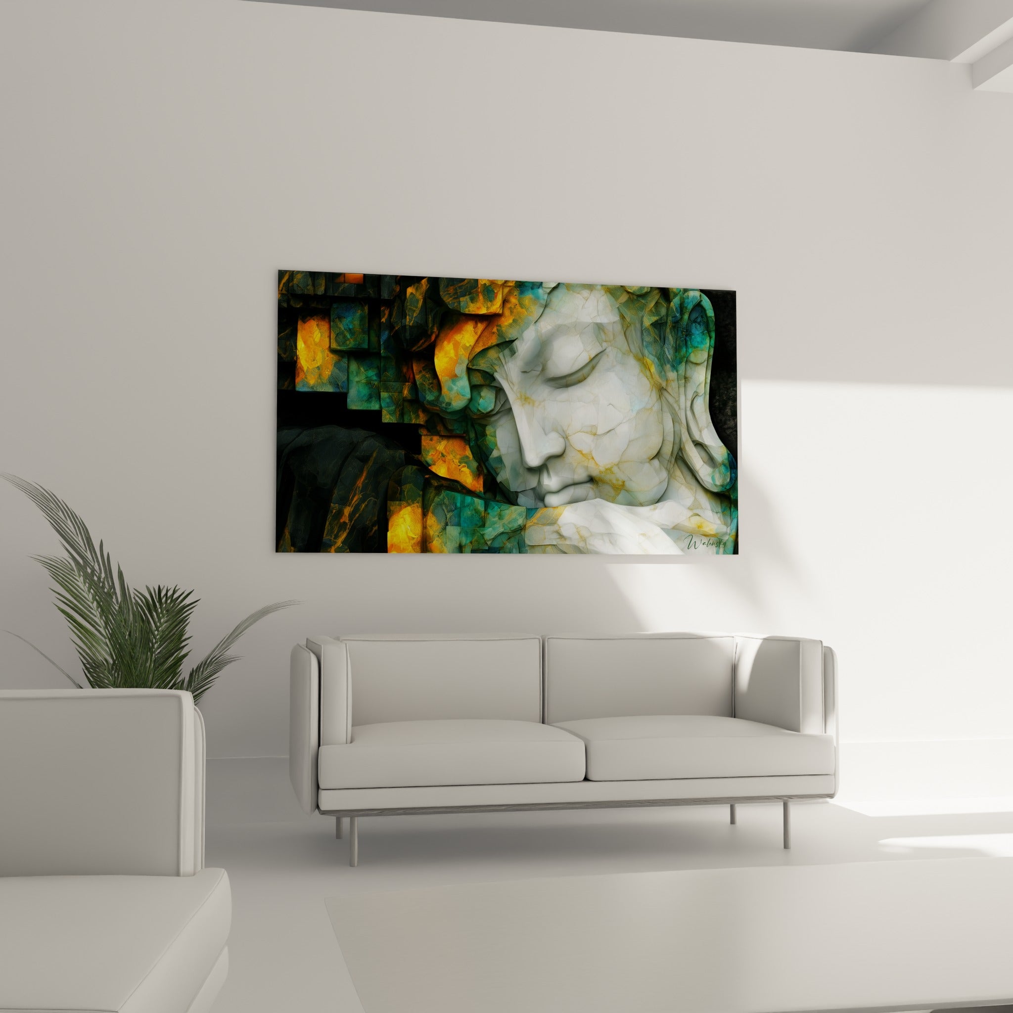 Bouddha aux yeux clos, pierre blanche et éclats turquoise, au-dessus d'un canapé dans un salon lumineux