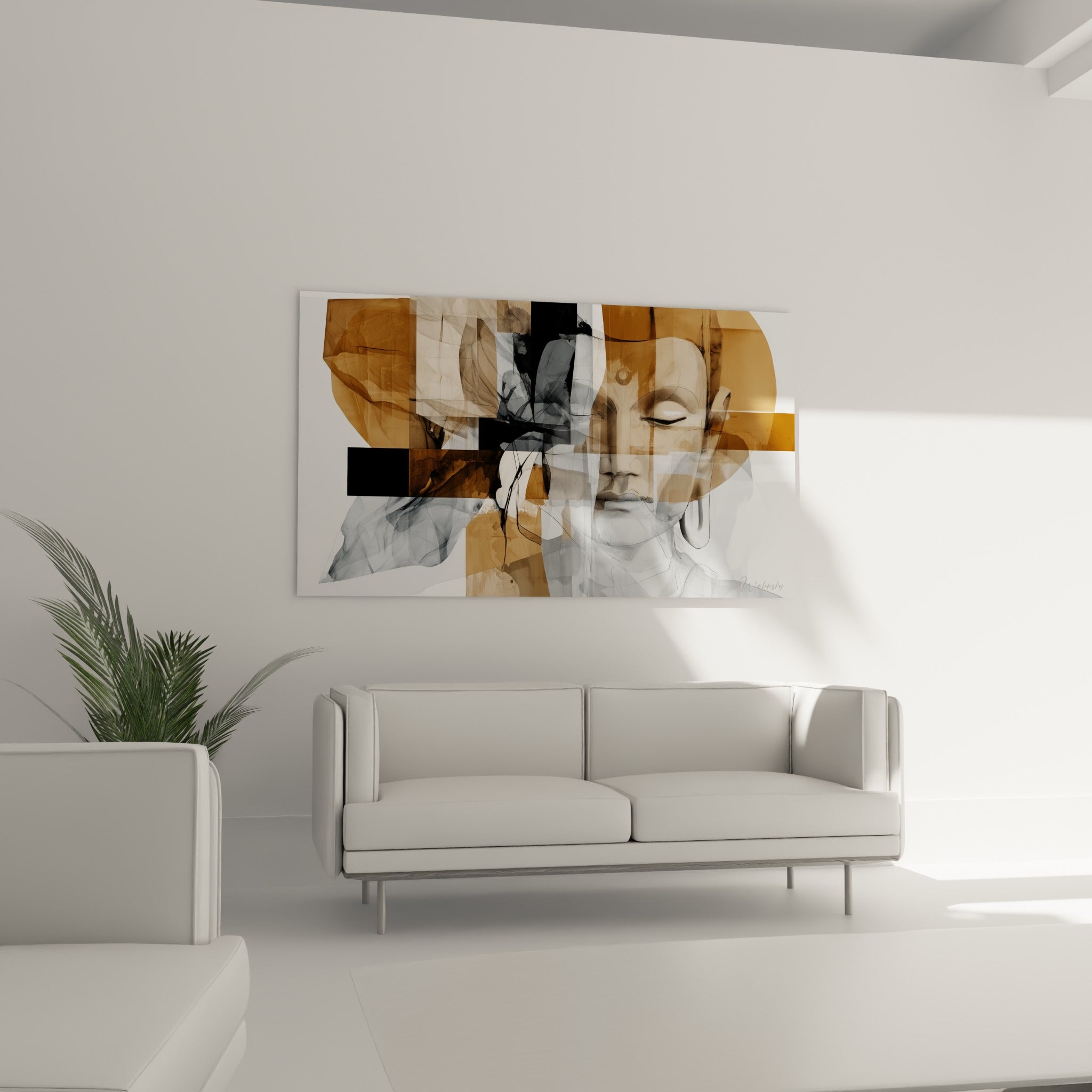 Visage méditatif du Bouddha en camaïeux ocre et gris au-dessus d'un canapé dans un salon lumineux