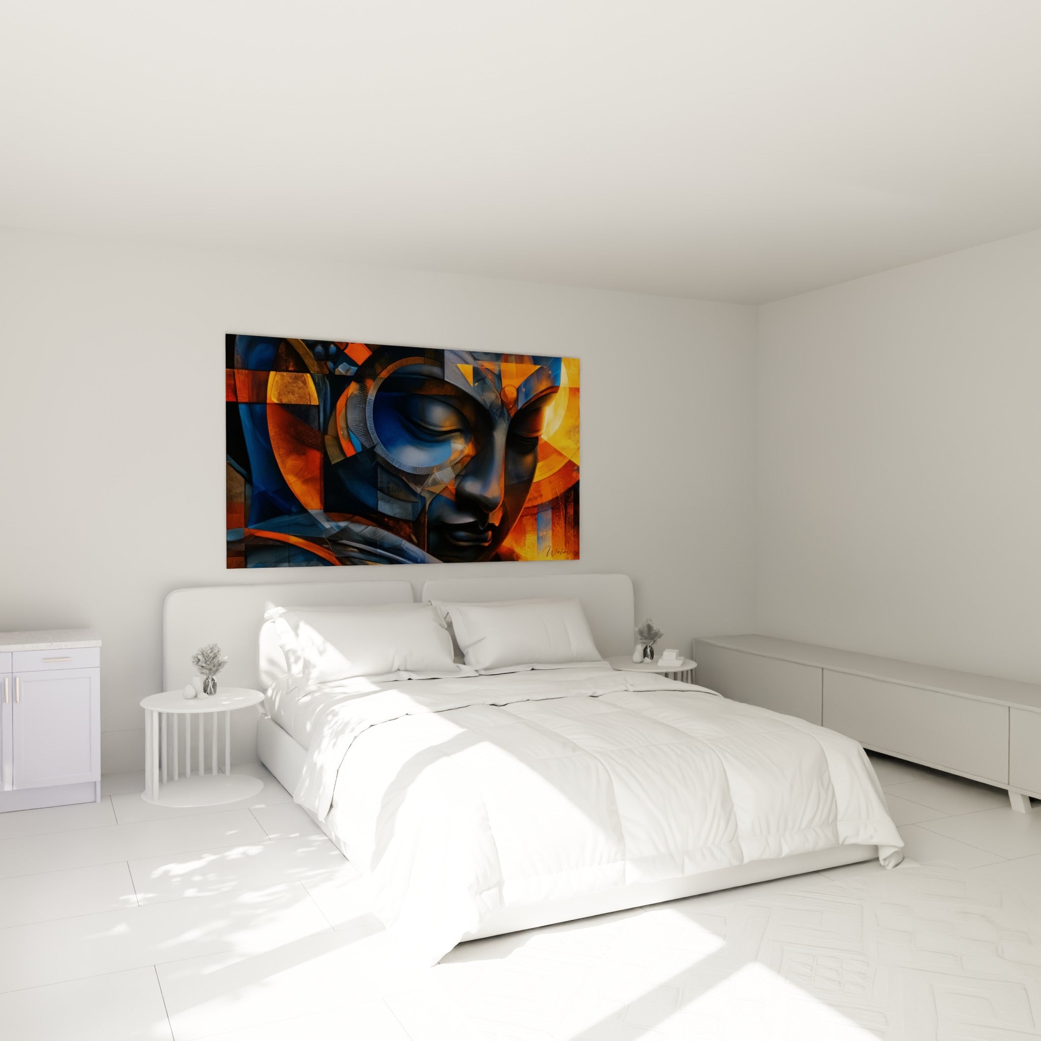 Sérénité du Bouddha bleu marine et ocre affichée au-dessus d'un lit dans une chambre claire