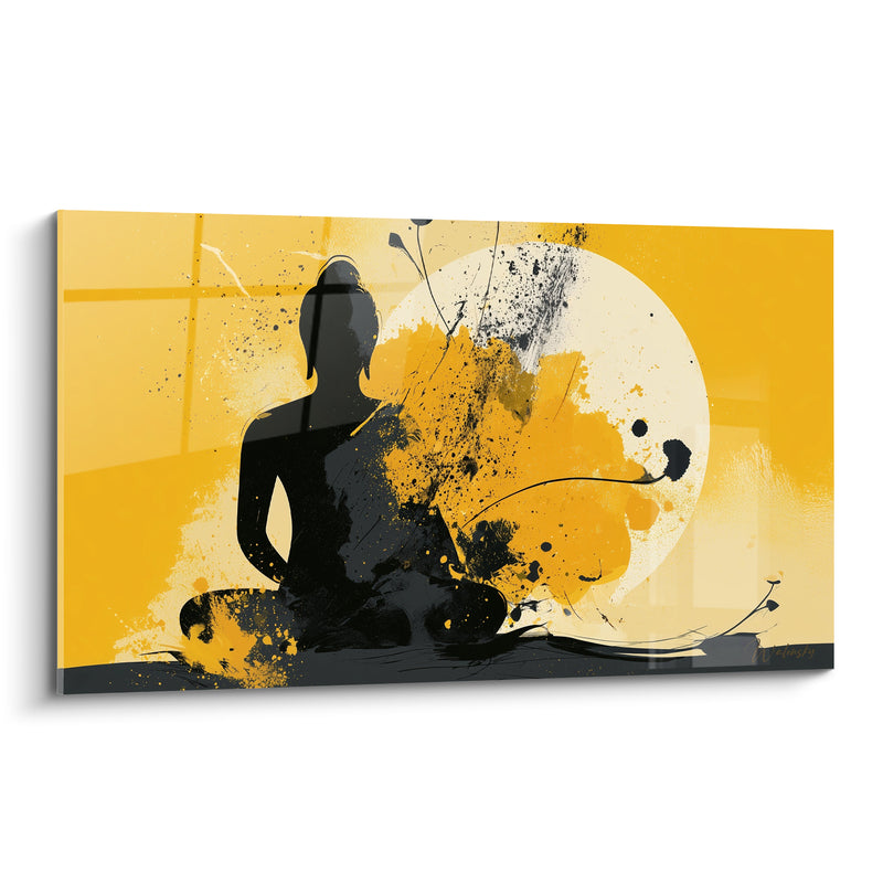 Tableau Silhouette noire et jaune devant une pleine lune - Éclaboussures d'encre nocturnes - Edition Bouddha
