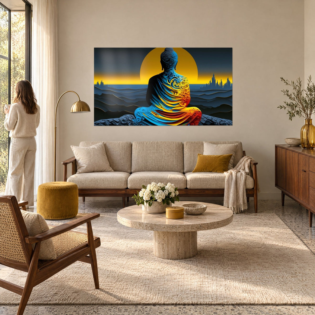 Schilderij Boeddha gebeeldhouwd in blauwe en oranje reliëfs, gele zon achter hem, een vrouw van achteren, boven een bank in een lichte woonkamer