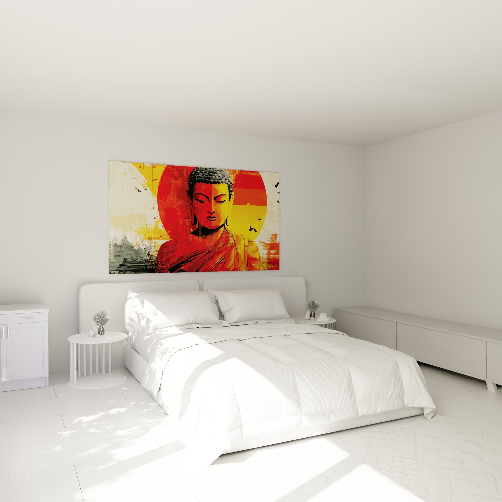 Portrait de Bouddha rouge et jaune, tunique drapée orangée, au-dessus d'un lit dans une chambre claire