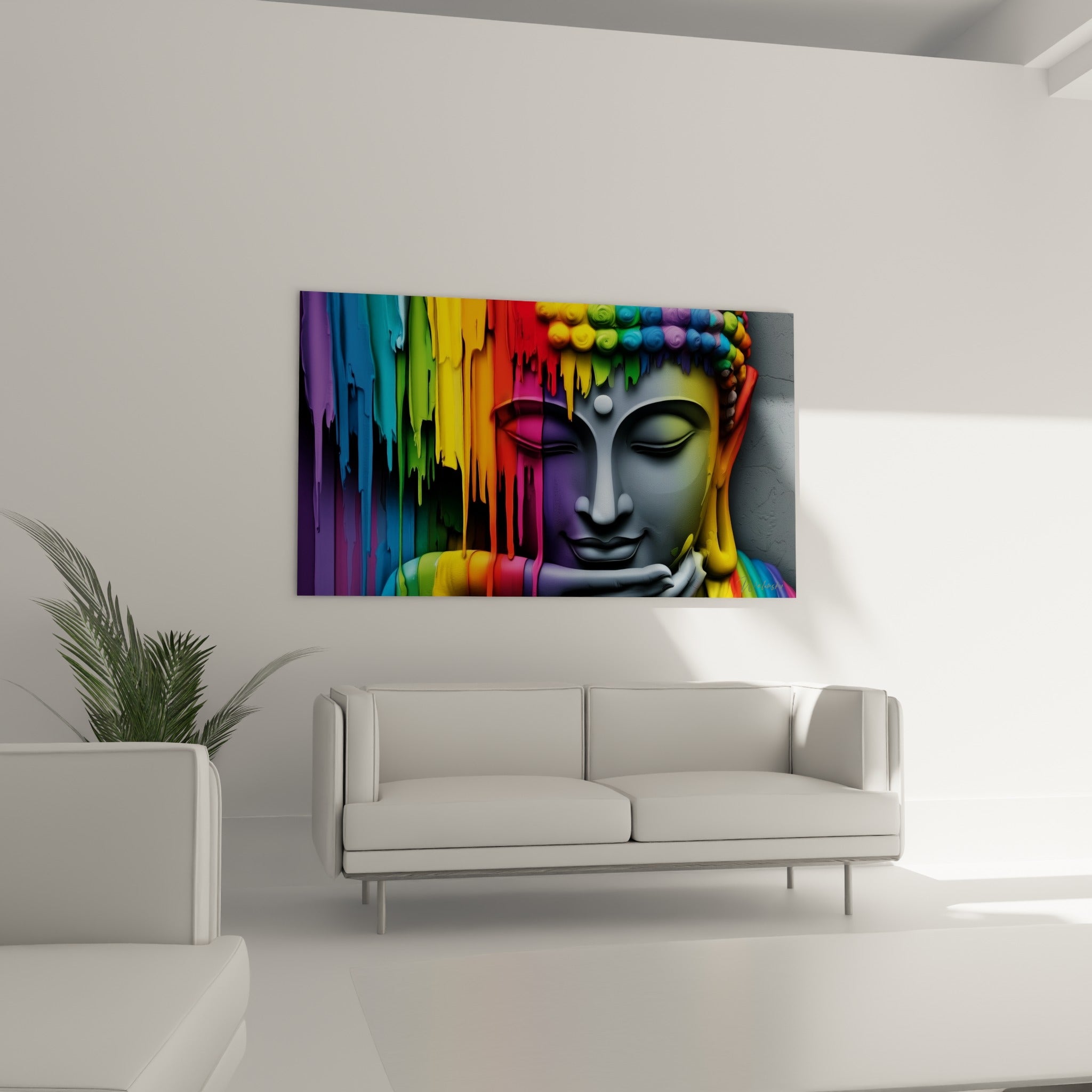 Sourire paisible du Bouddha entouré de coulures violettes et dorées, au-dessus d'un canapé dans un salon lumineux