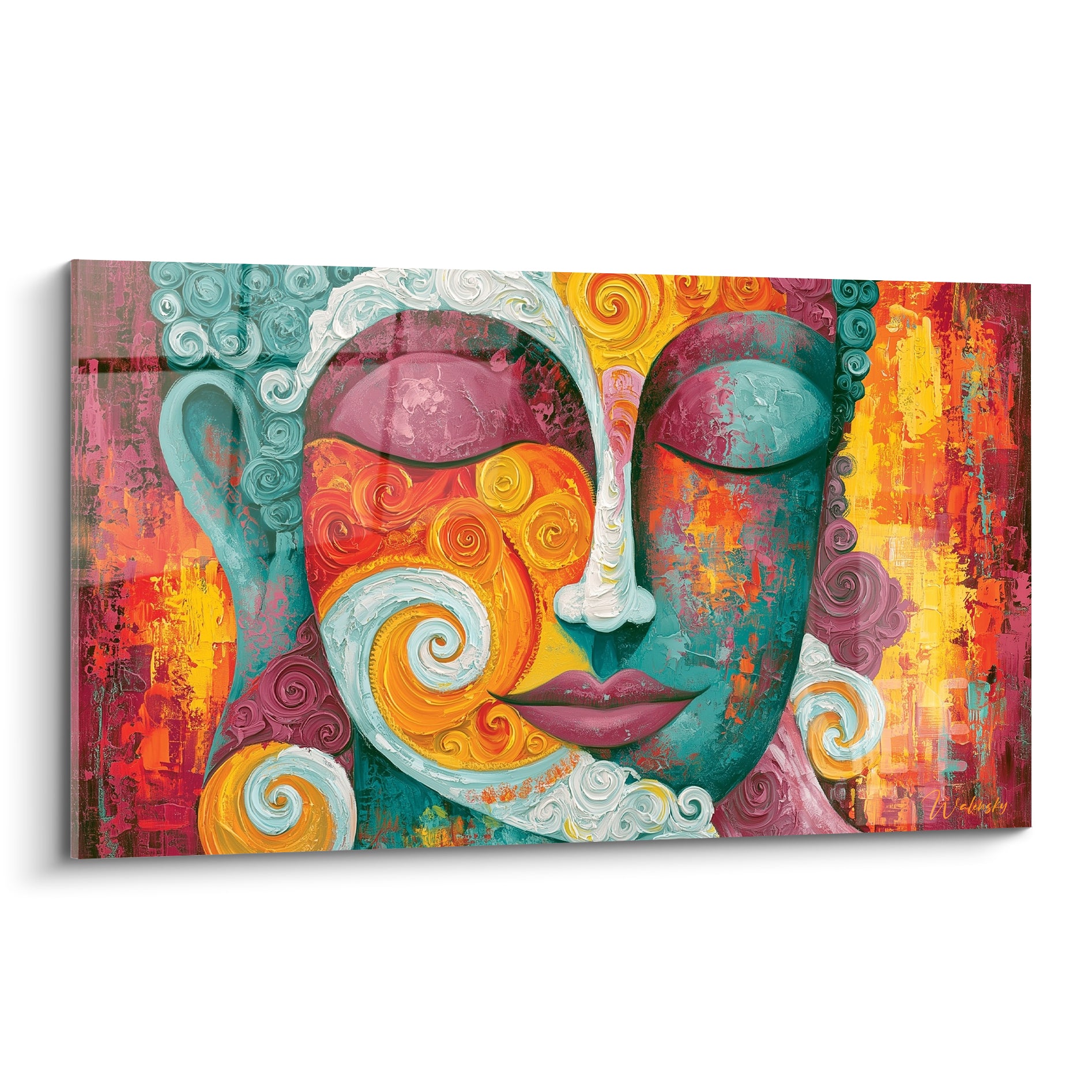 Bouddha aux yeux clos peint en spirales turquoise et safran, visage frontal texturé et coloré