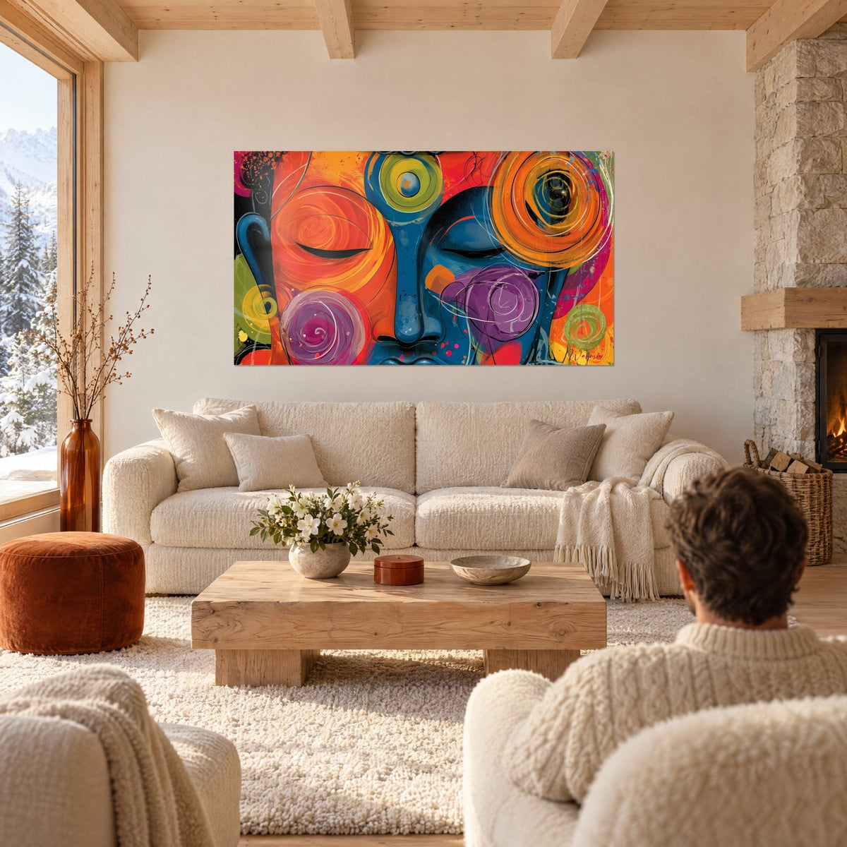 Tableau visage de Bouddha orange et bleu, yeux clos et spirales violettes, au-dessus d'un canapé dans un salon lumineux
