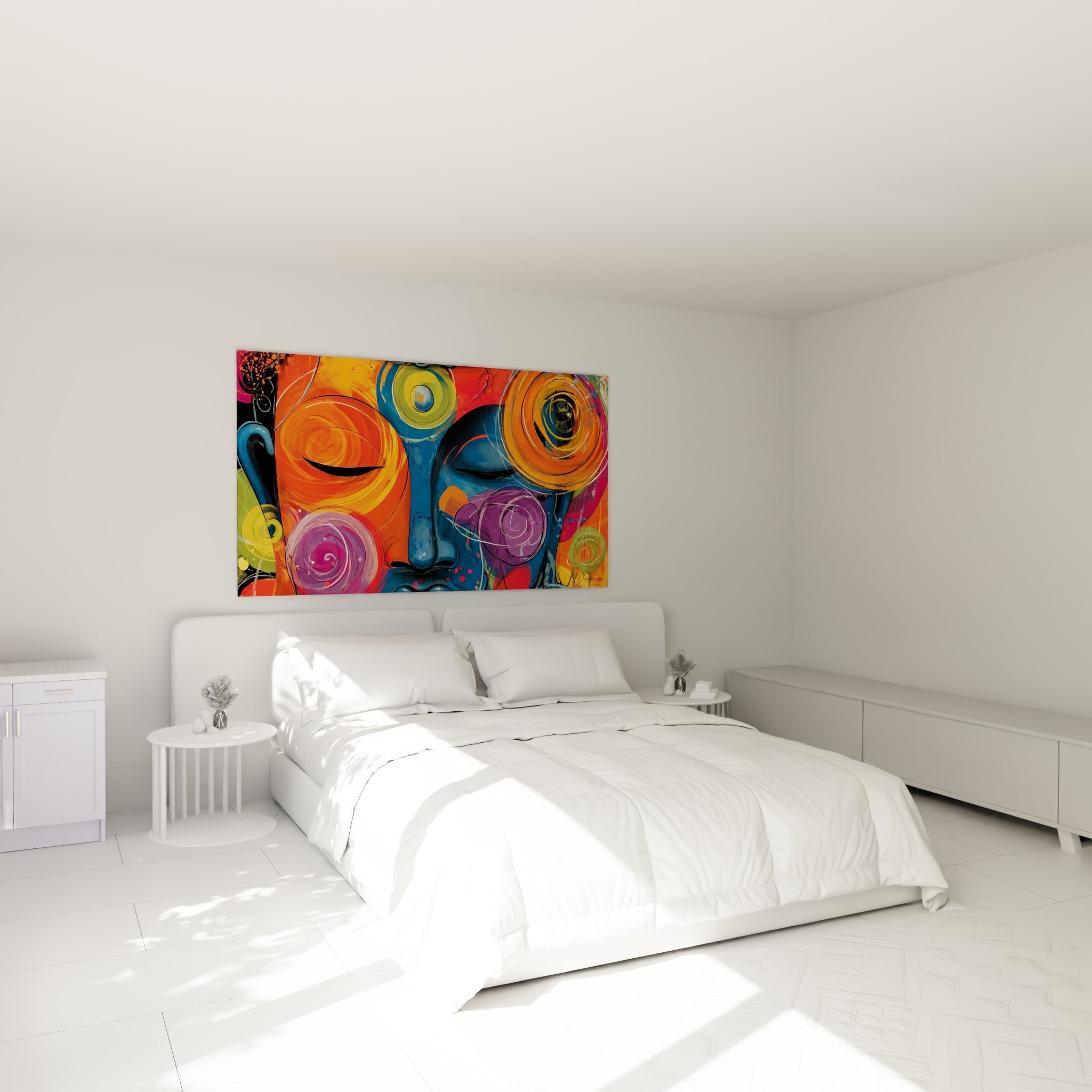 Visage de Bouddha orange vif et bleu profond, spirales violettes, au-dessus d'un lit dans une chambre claire