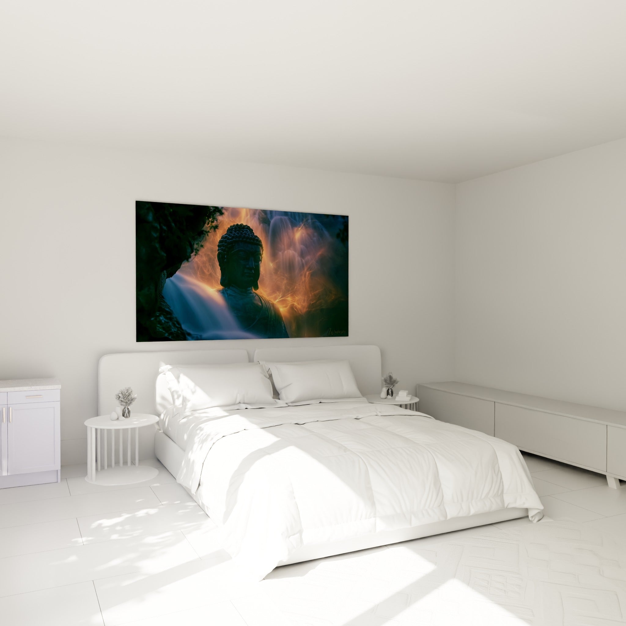Bouddha serein aux tons bleu et ambré, accroché au-dessus d'un lit dans une chambre claire
