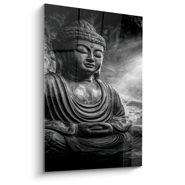 Dipinto Statua nera e grigia seduta vicino all'acqua - Raggio di luce nebbioso - Edizione Buddha