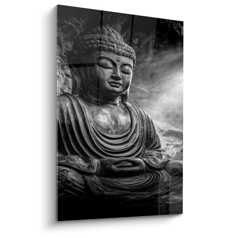 Tableau Statue noire et grise assise près de l'eau - Rayon de lumière brumeux - Edition Bouddha